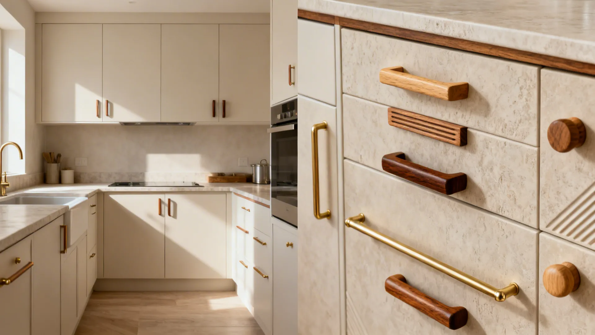 Before-and-after of a small kitchen showing upgrades with warm wooden cabinet hardware.