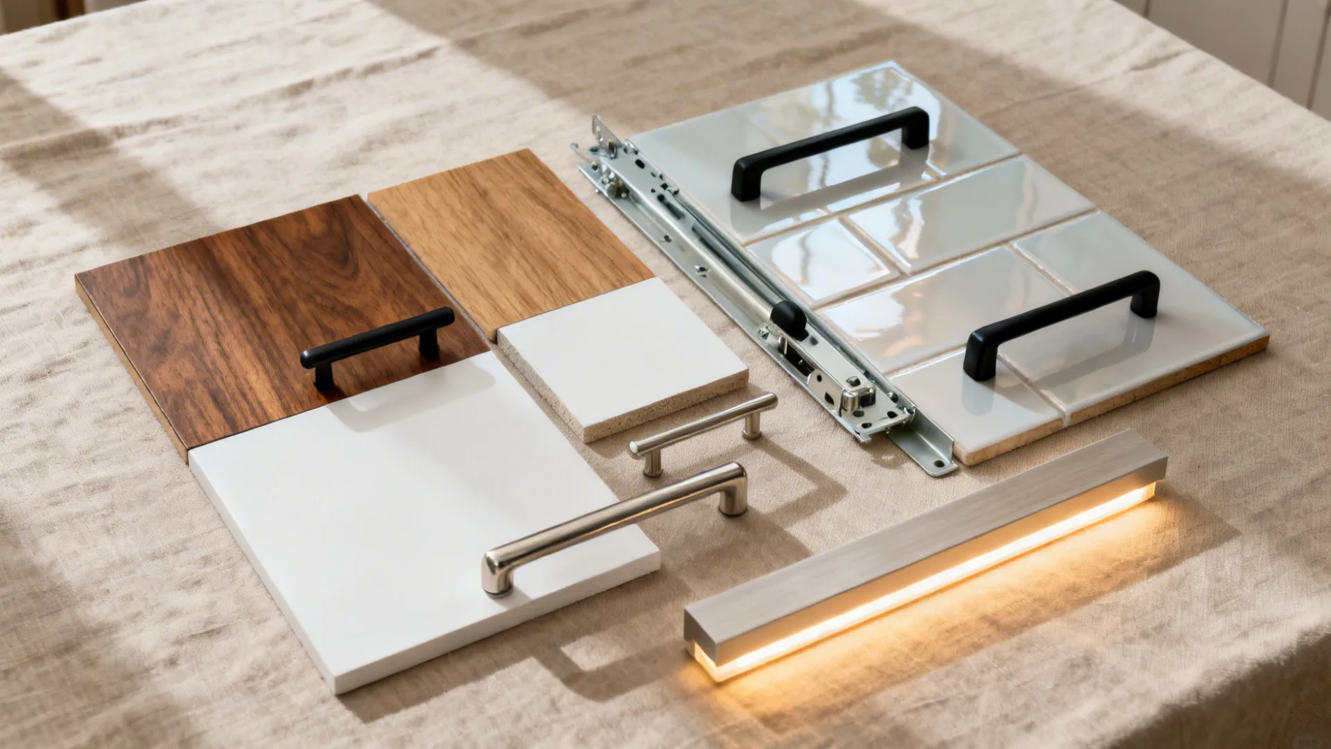 Wood samples white tiles black door handles silver handles and one small glowing light fixture