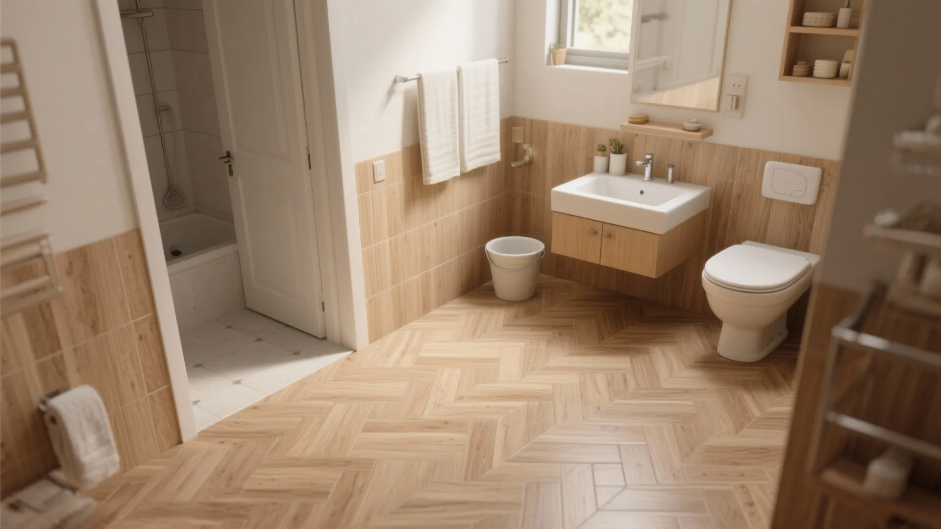 Modern bathroom with wooden herringbone floor tiles white toilet small wooden cabinet and bright natural light