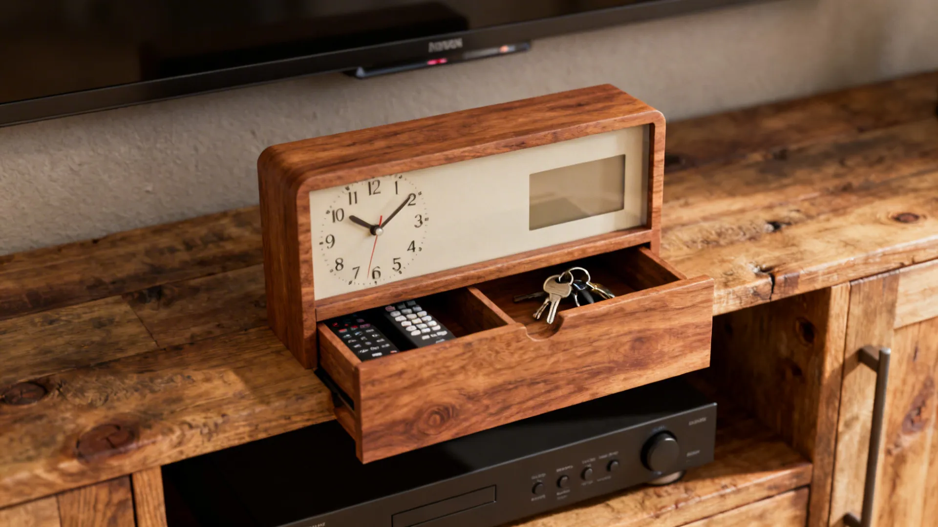 4. Wooden Rectangle Clock with Hidden Storage