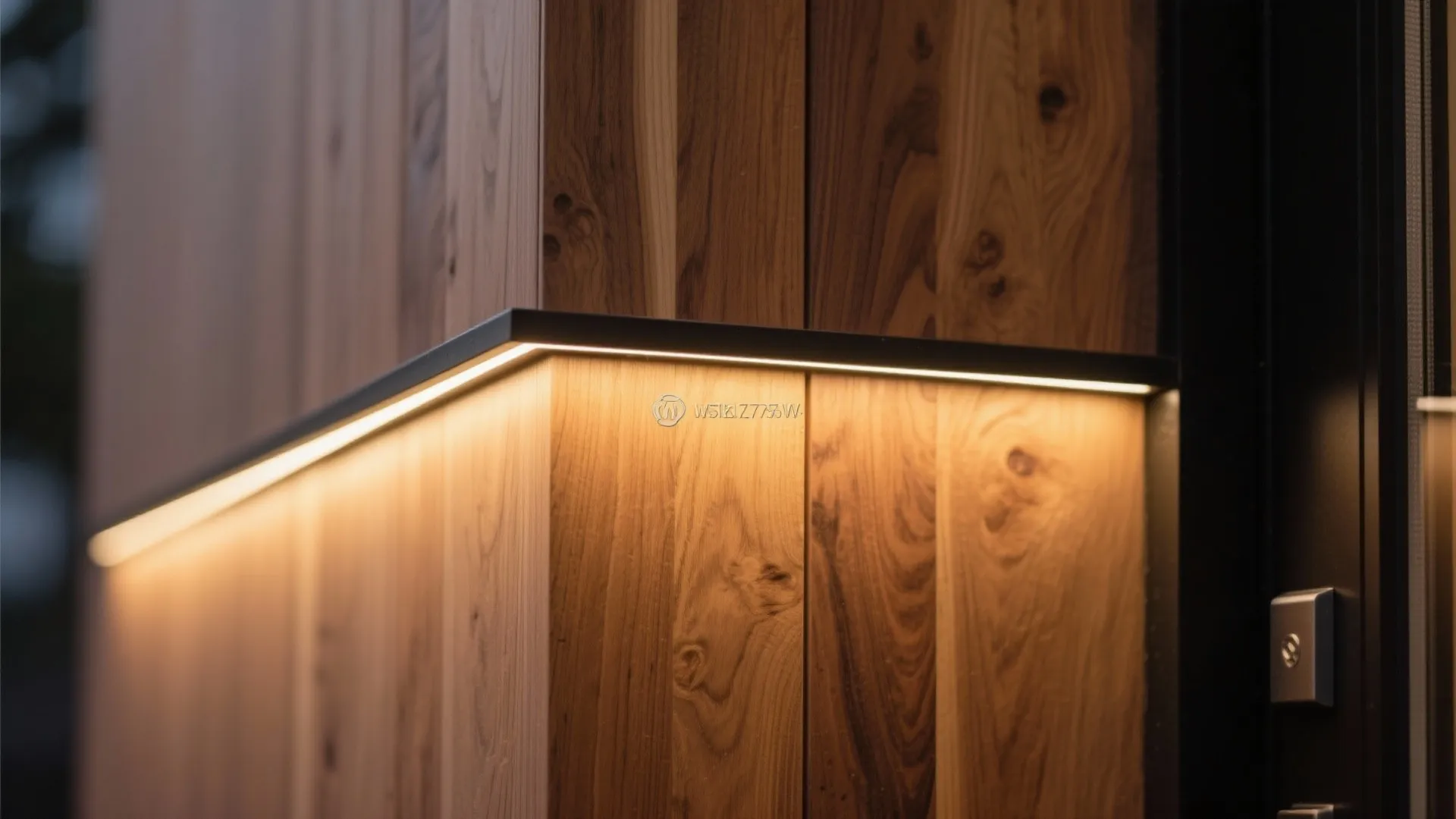 Warm light strip installed under a black metal edge on a vertical wood wall panel