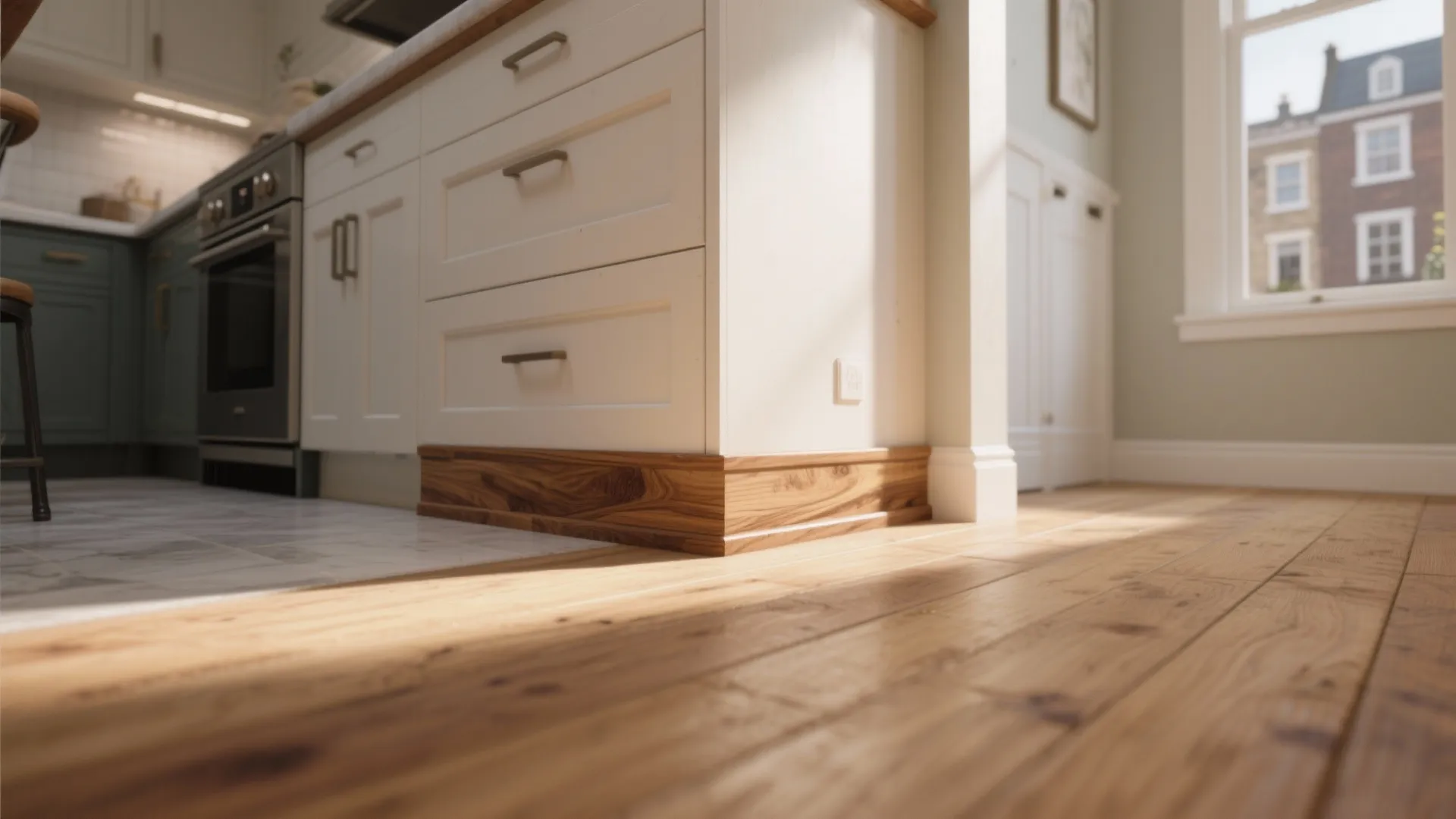 White kitchen cabinet with wood wall panel base sitting on light brown wooden floor near window