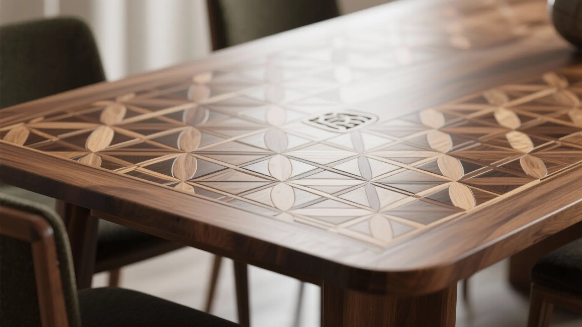 Close up of a wooden dining table with detailed flower pattern design and green fabric chairs