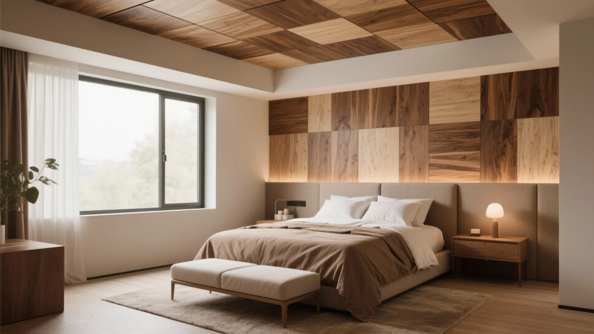Modern bedroom with wooden wall panel brown bedding white pillows footrest and warm hidden light strips
