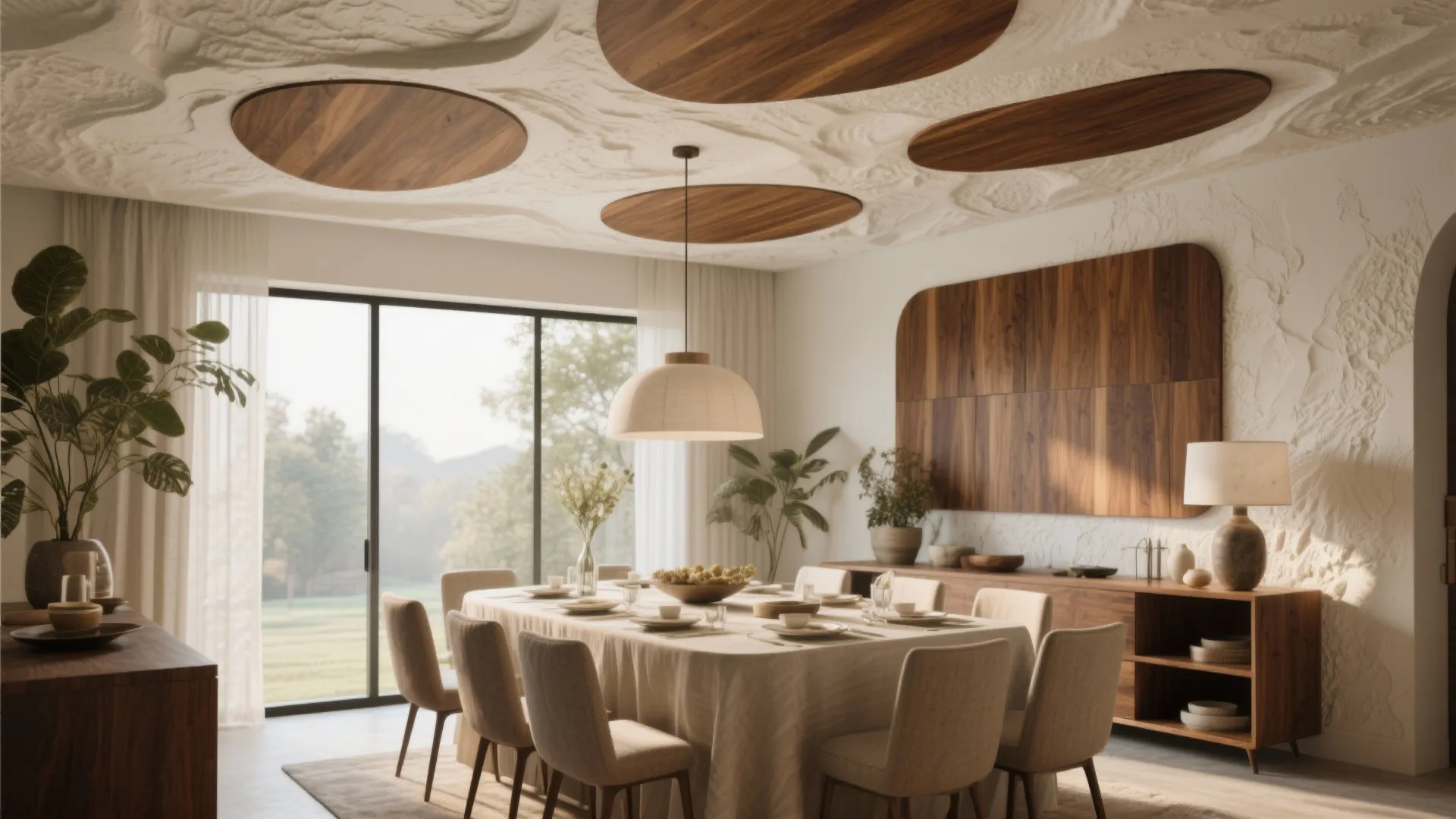Spacious dining area with long table beige chairs wooden wall panels and unique textured ceiling
