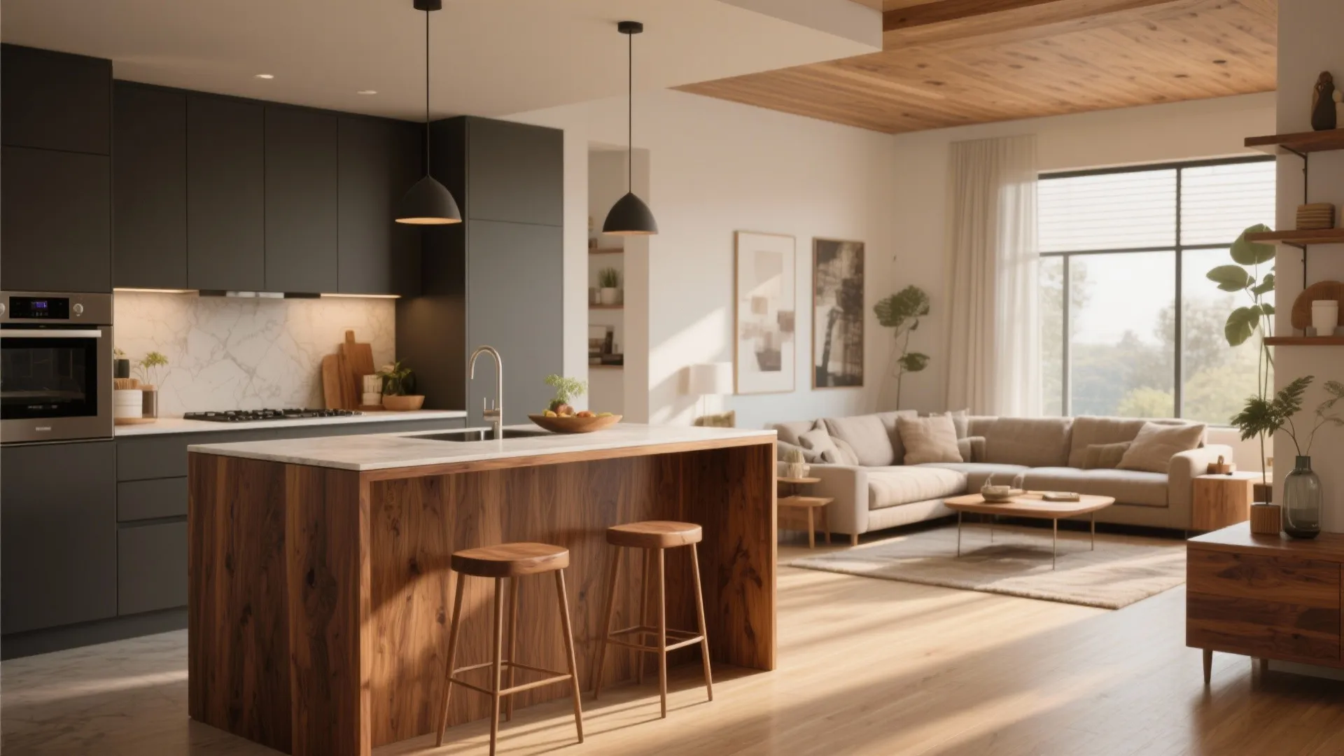 Dark kitchen with wood island and bar stools looking into a bright modern living room