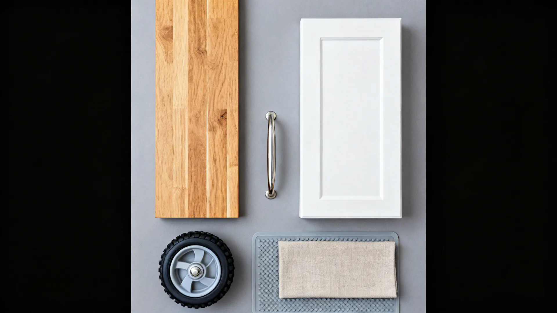 Flatlay of maple butcher-block, hardware, caster, and neutral finishes for a rolling island.