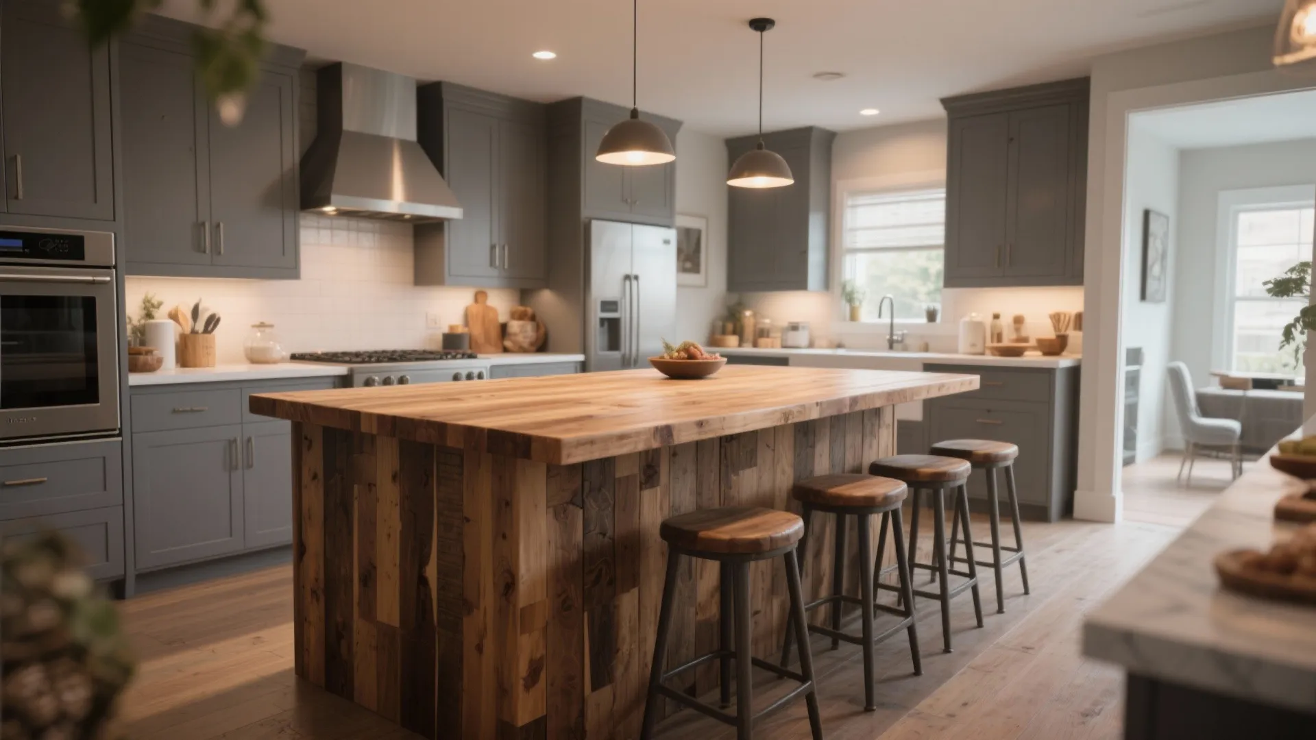Large wooden kitchen island with four bar stools under two black ceiling lights in grey kitchen