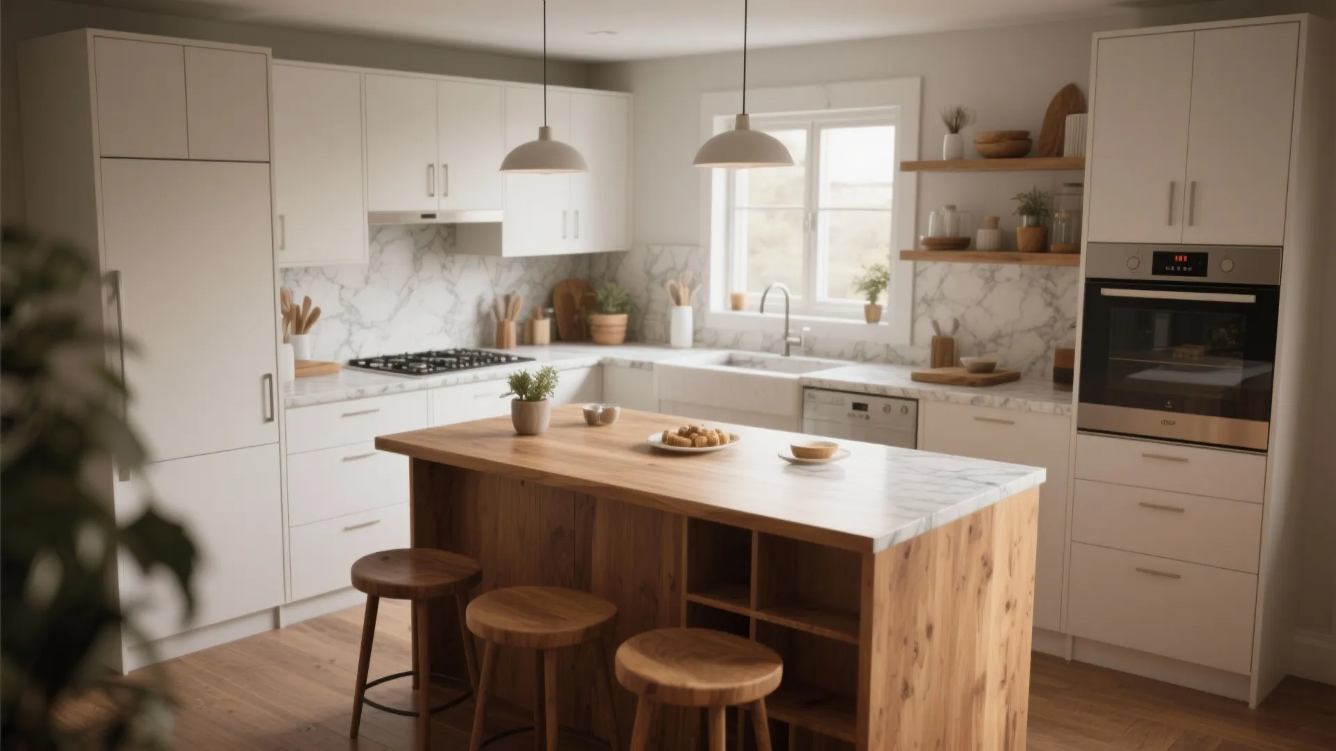 3. Mixed materials: wood islands and marble countertops