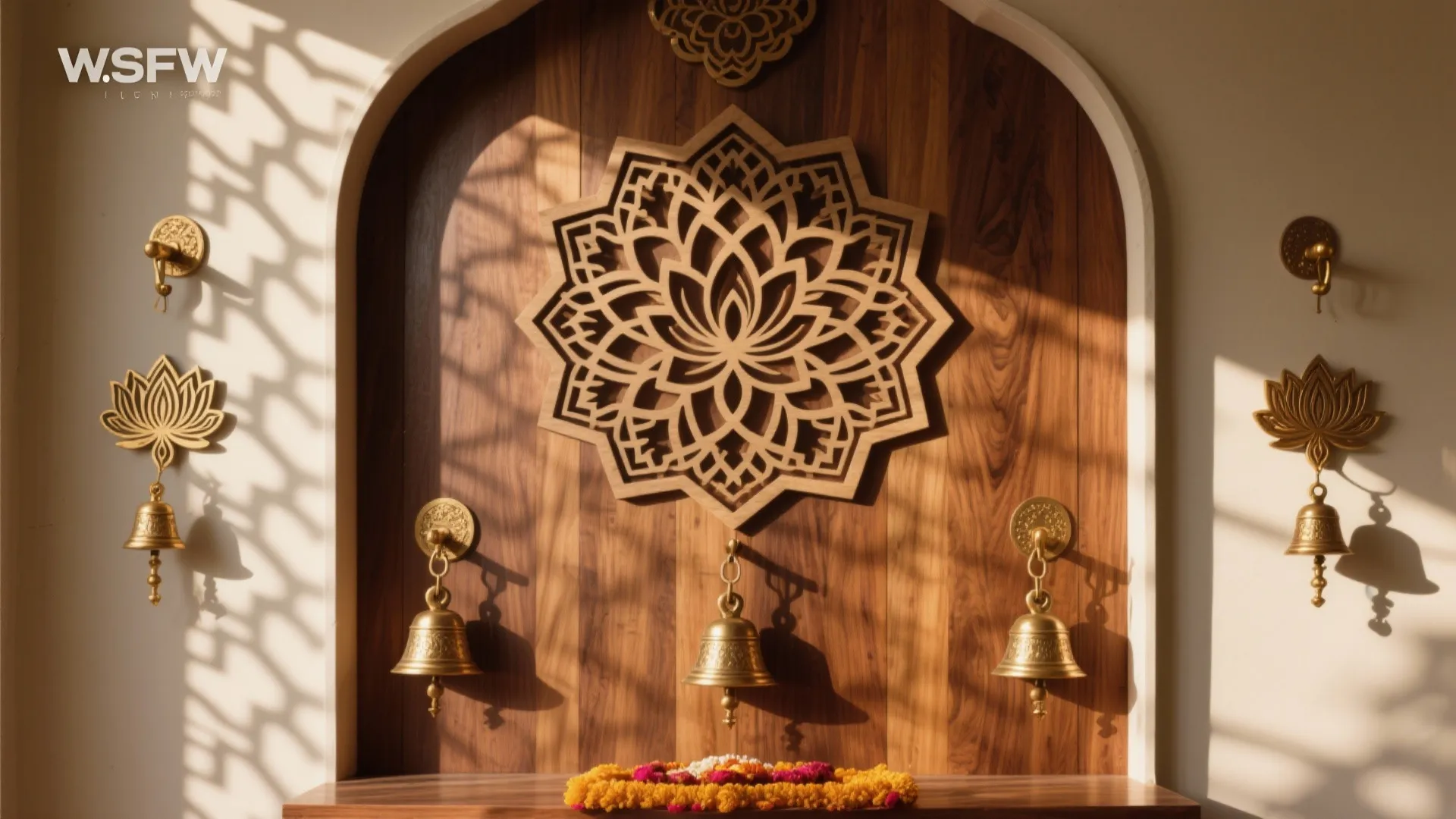 Wood Jaali, Brass Accents, and Soft Geometry