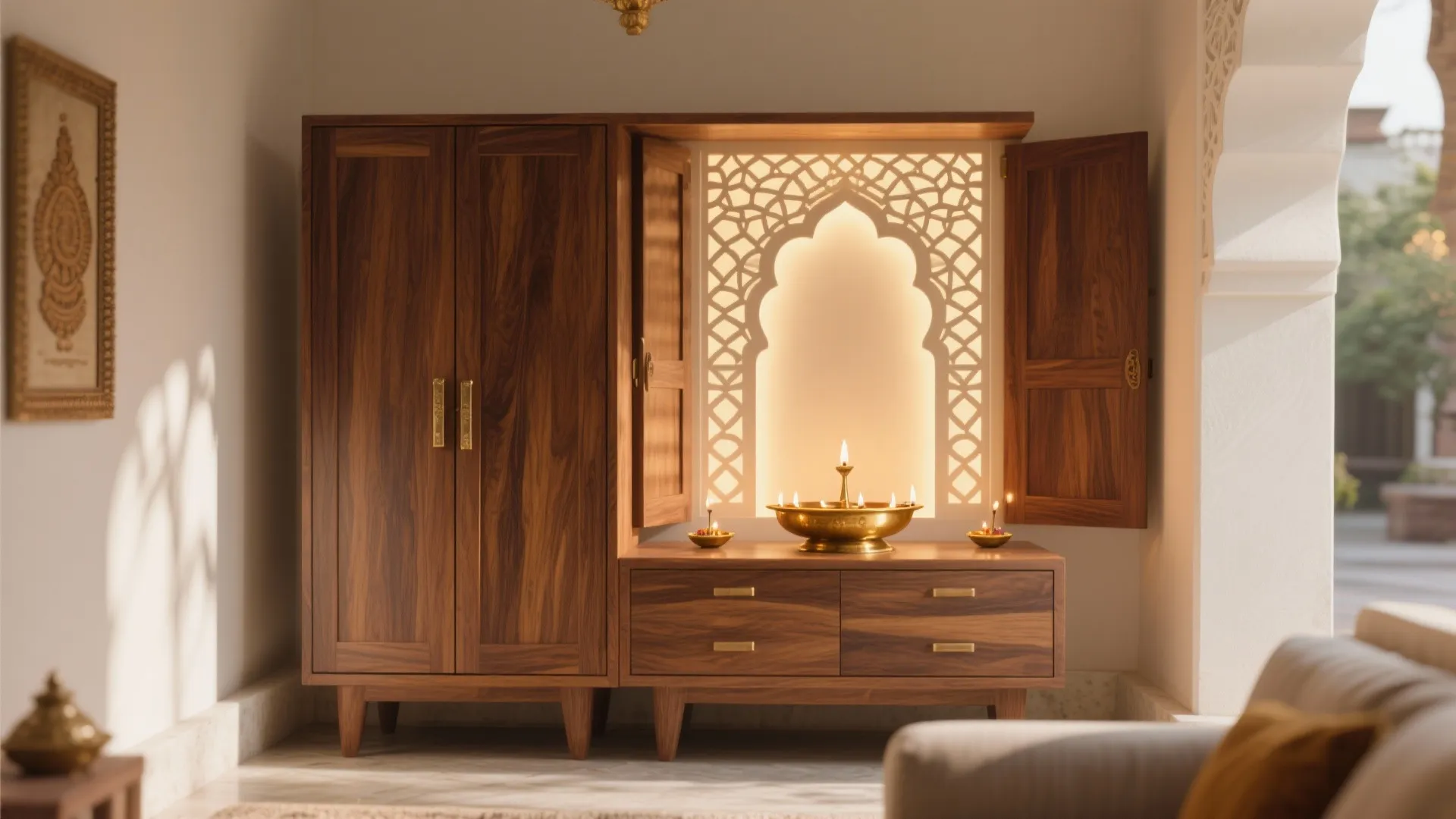 Warm Wood Accents with Jaali Panels for Serenity