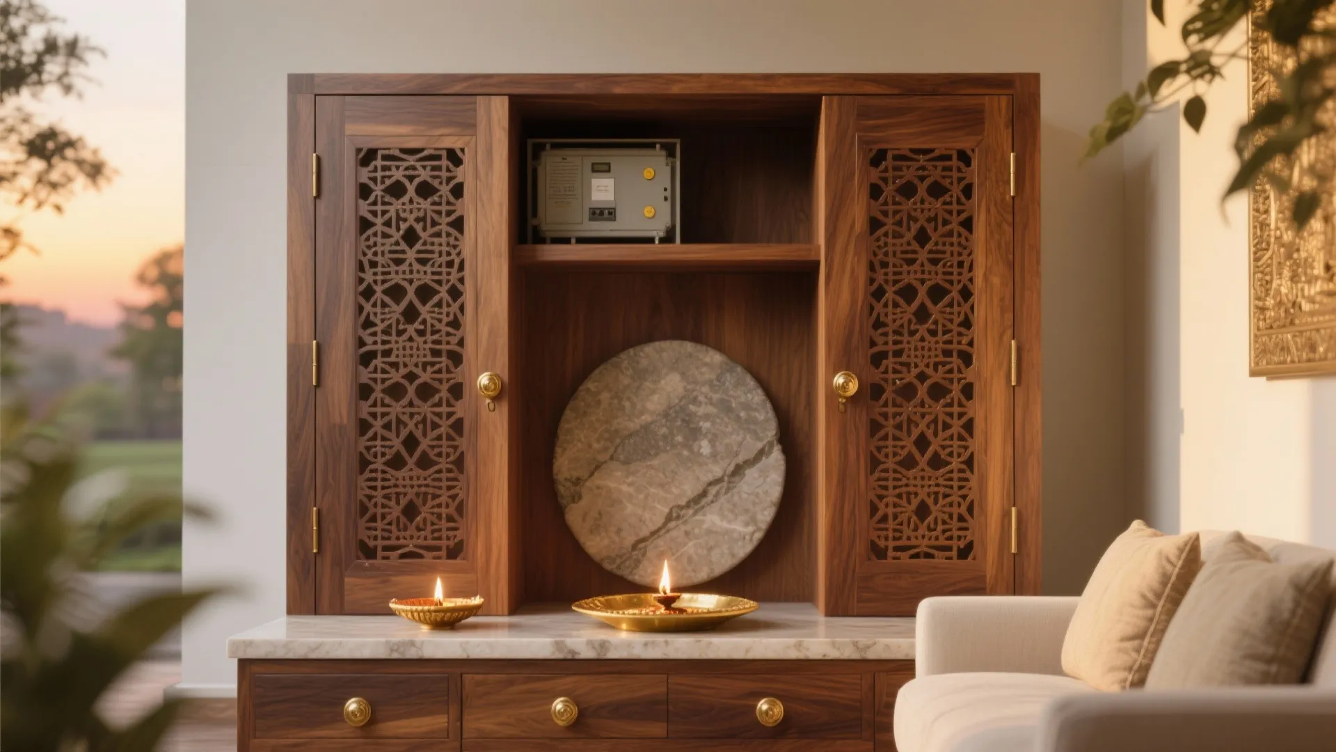 Warm wood tones and jaali doors