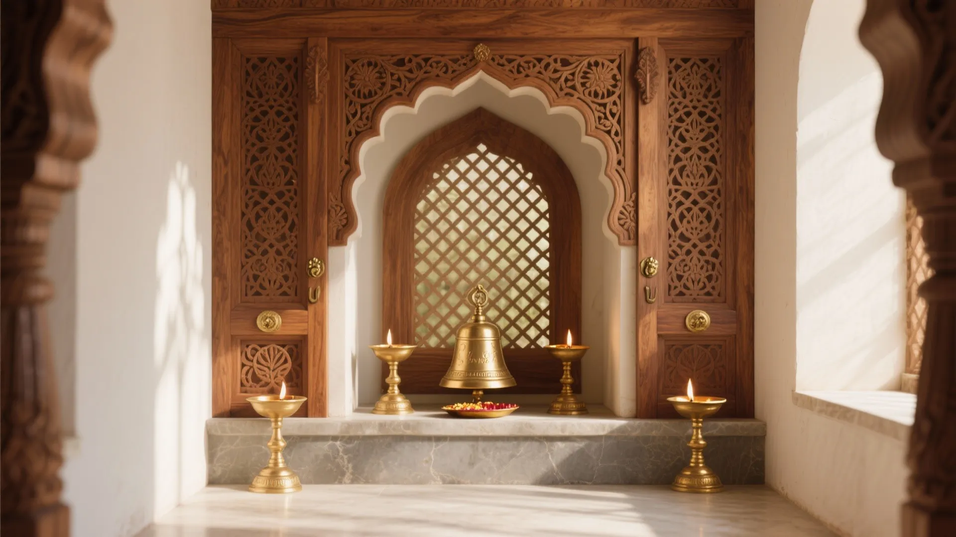 Decorative wooden wall panel with patterned arch and gold bell on marble shelf with lamps