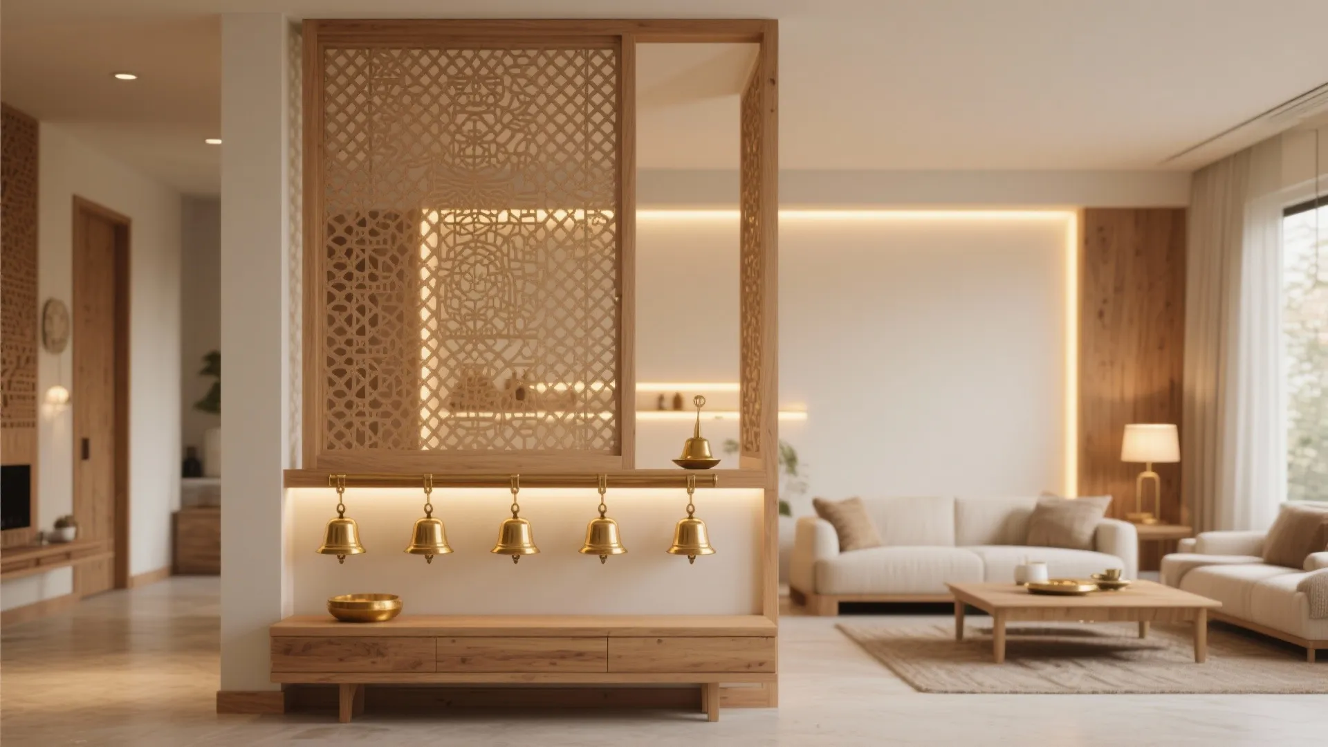 Warm wood lattice and brass accents