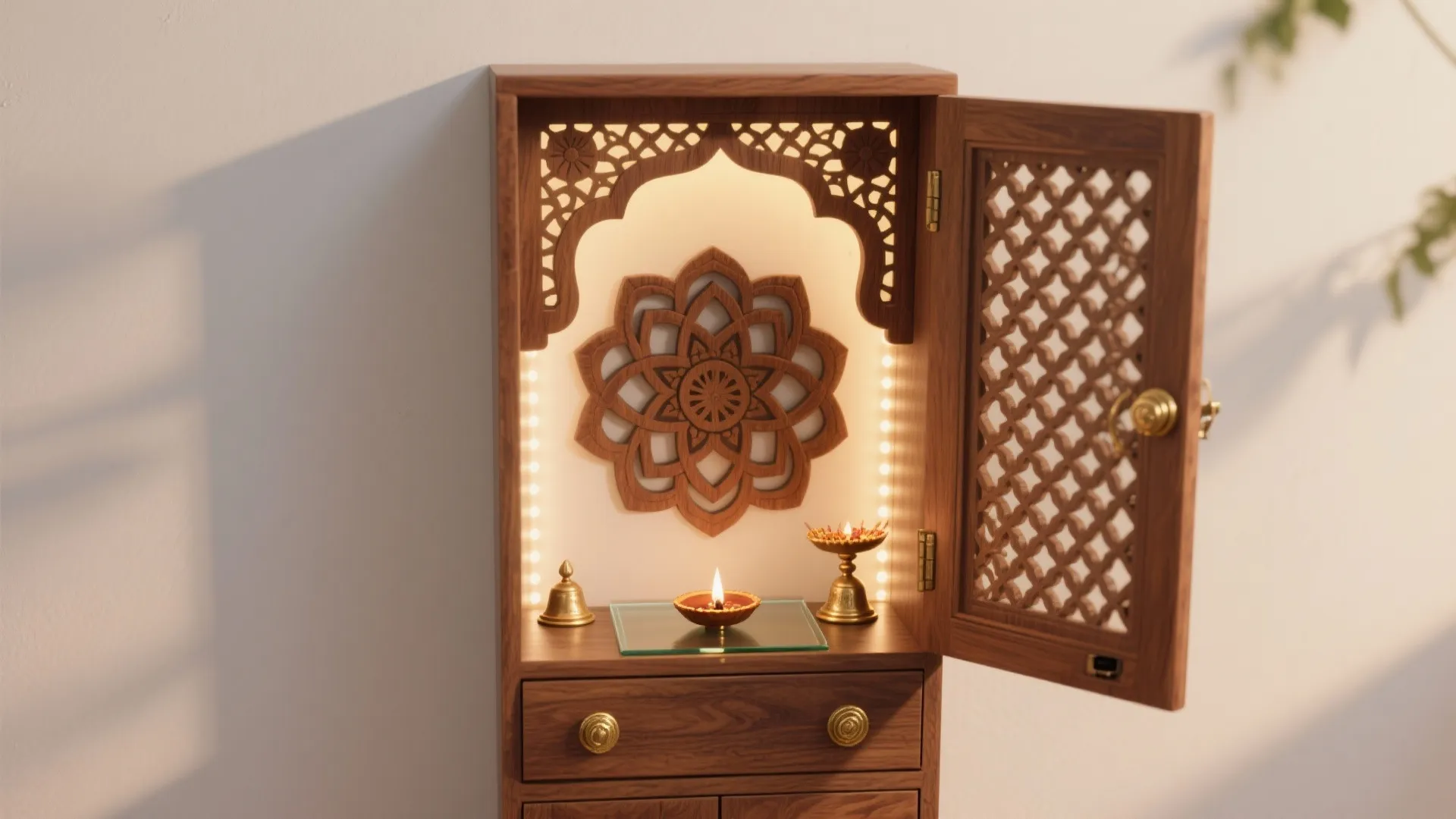 Small wood cabinet for prayer featuring an open carved door, flower pattern, and small light