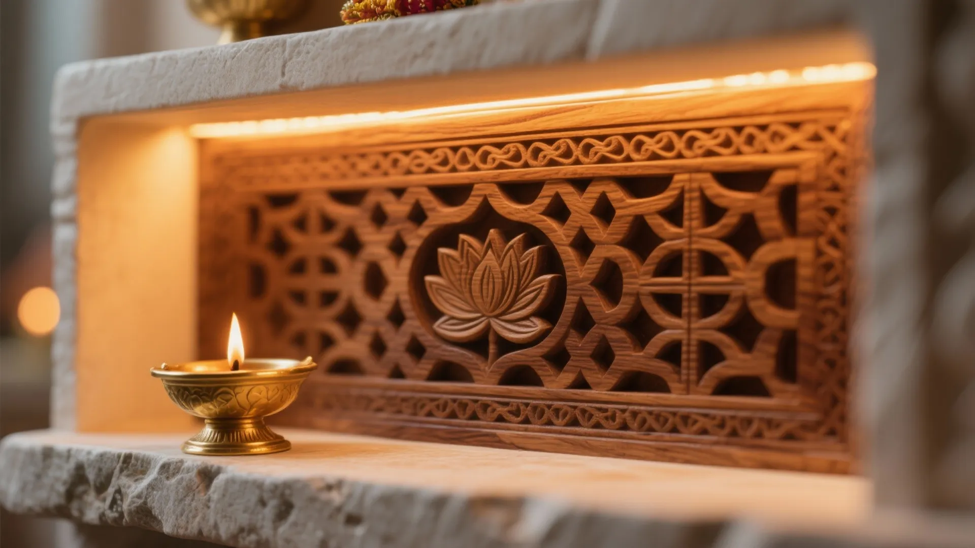 Idea 1: Carved Wood Jali With Warm Backlighting