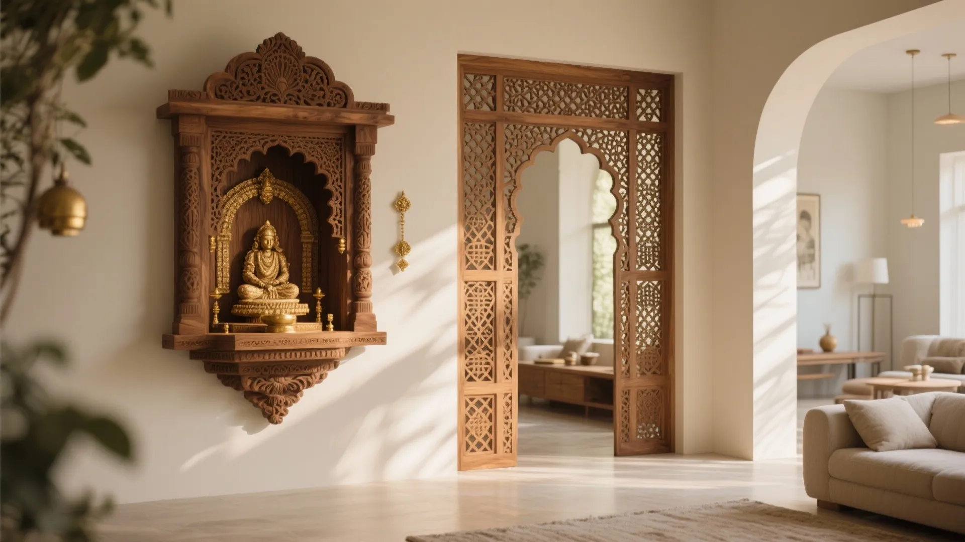 Carved Wood Mandir and Jali Partition