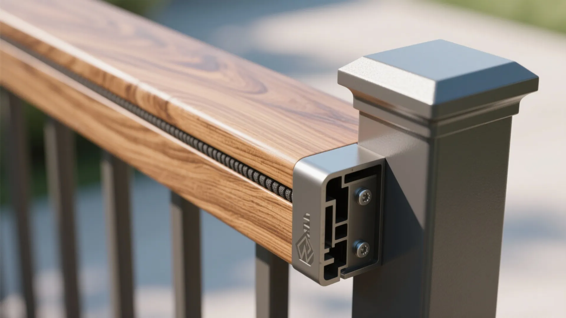 Macro of wood top rail meeting aluminum post with gasket and hidden bracket.