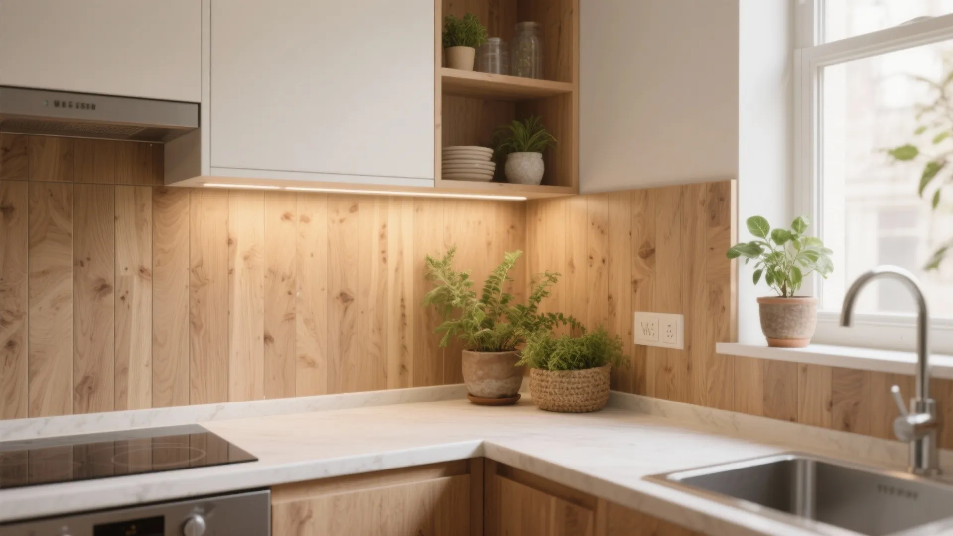 Modern kitchen with wood wall panel and white marble countertop featuring green plants and sink