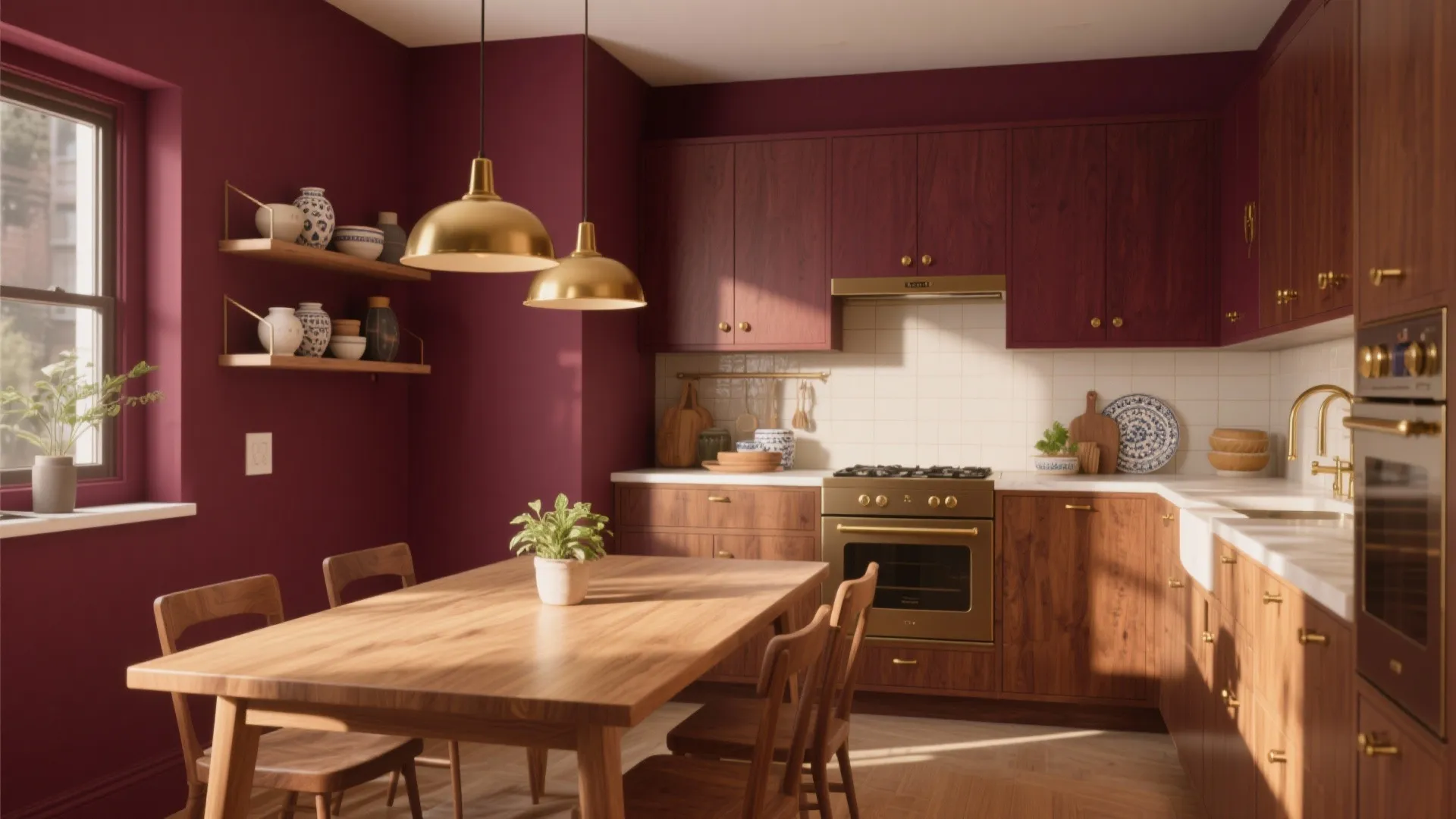 2. Burgundy with Warm Wood Tones