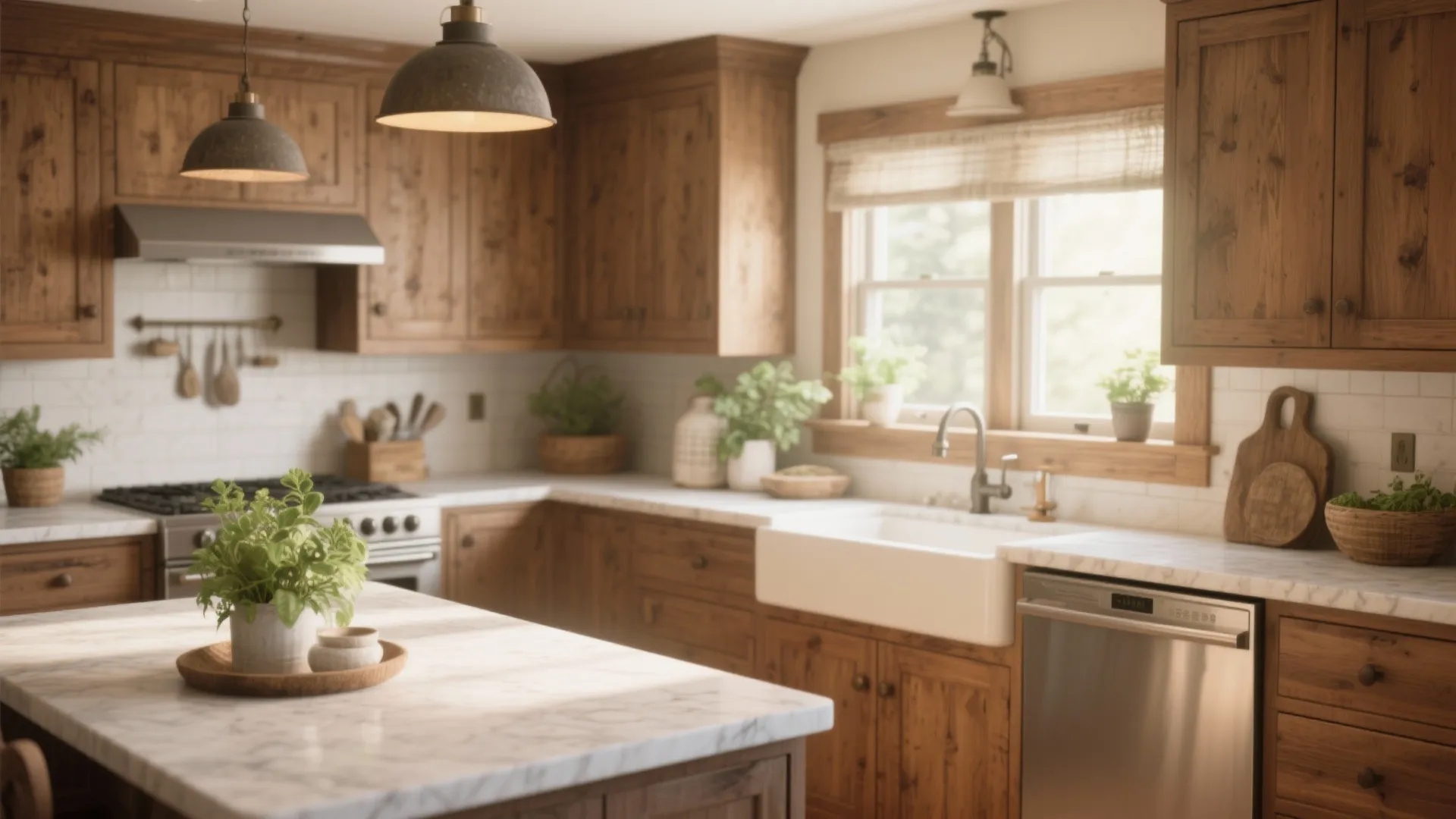 Rustic wooden kitchen with white marble island and matching wood cabinets plus two ceiling light
