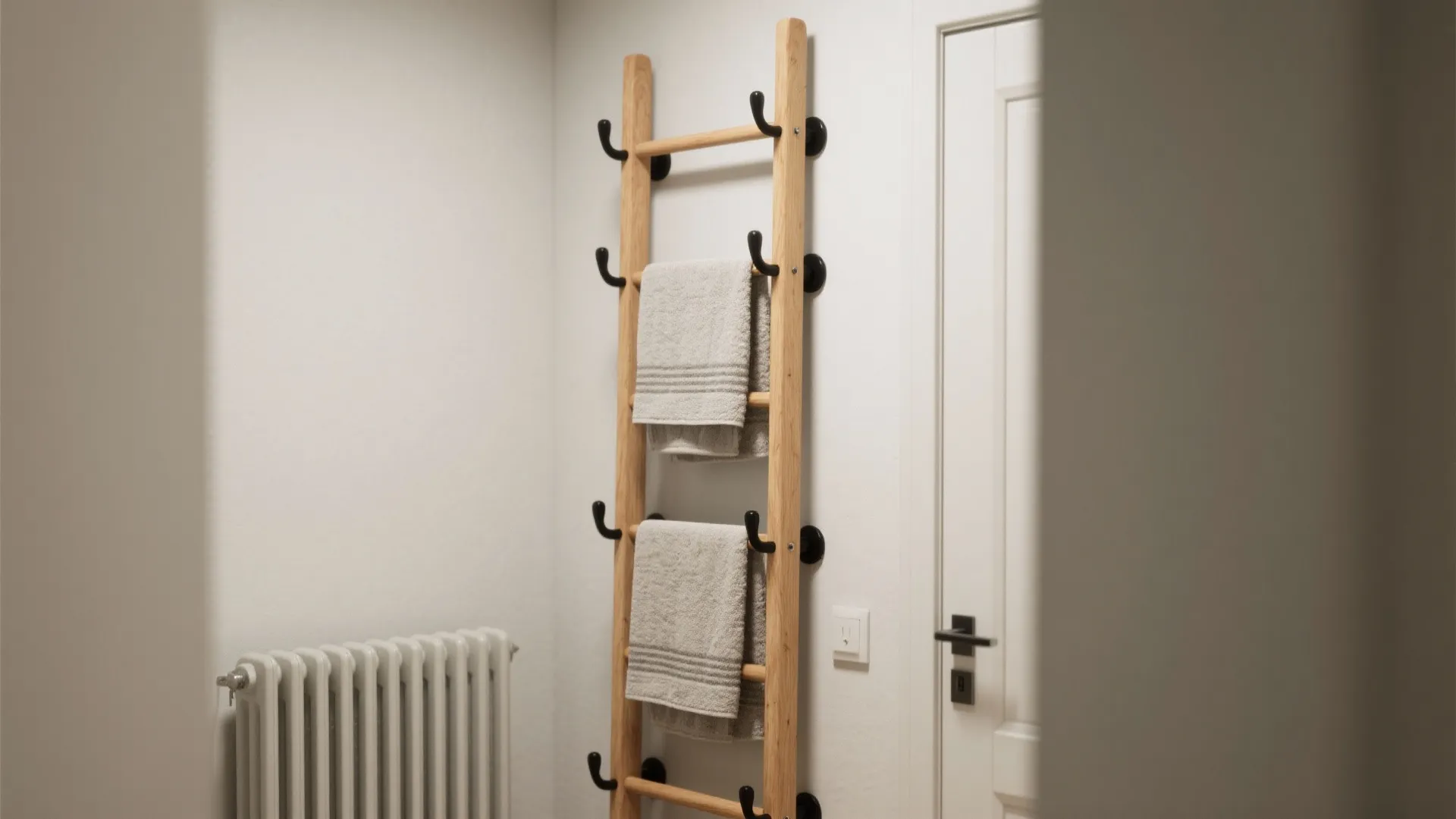 4. Wooden ladder towel rack with black hooks