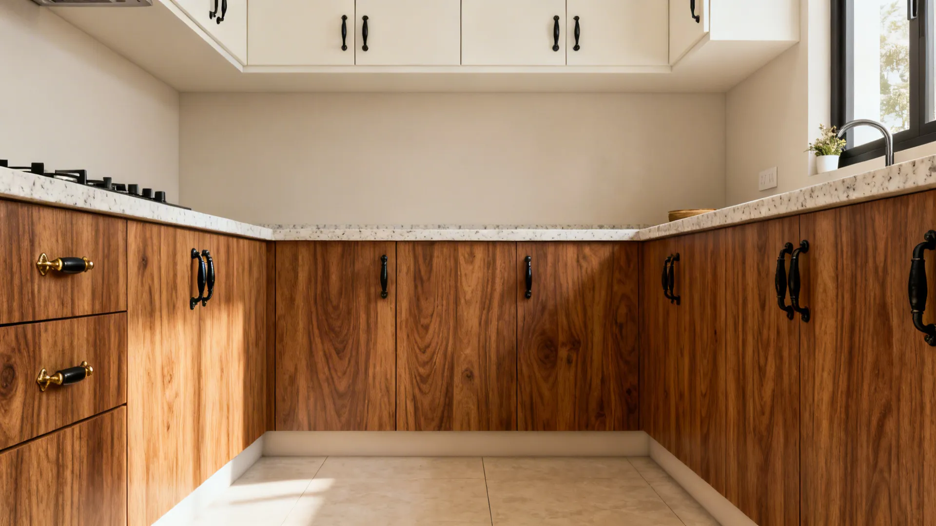 Compact kitchen with teak-tone base laminates and off-white uppers, quartz counters.