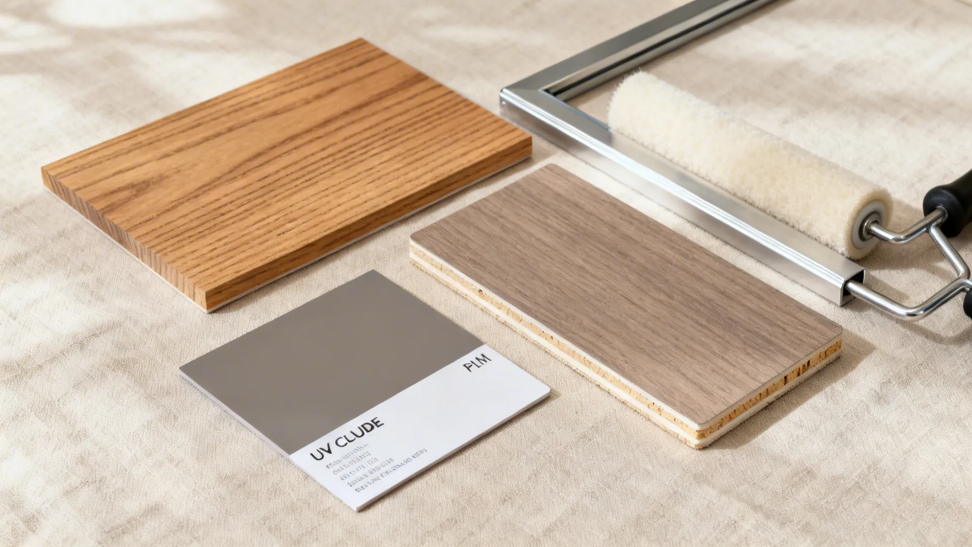 Flatlay of rift-cut oak veneer, matte gray laminate, plywood edge-banding, and hardware.