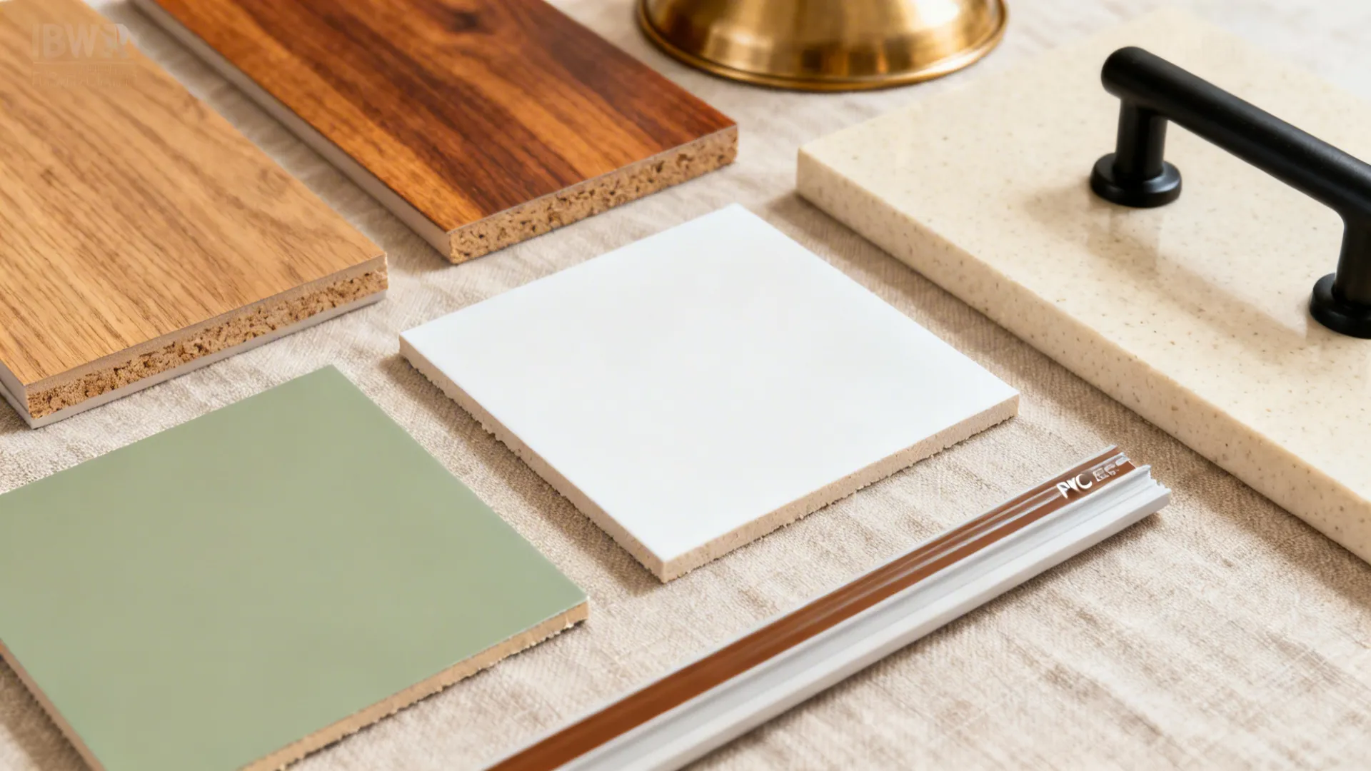 Material flat lay with wood-tone laminates, quartz, and matte cabinet finishes for a warm look.