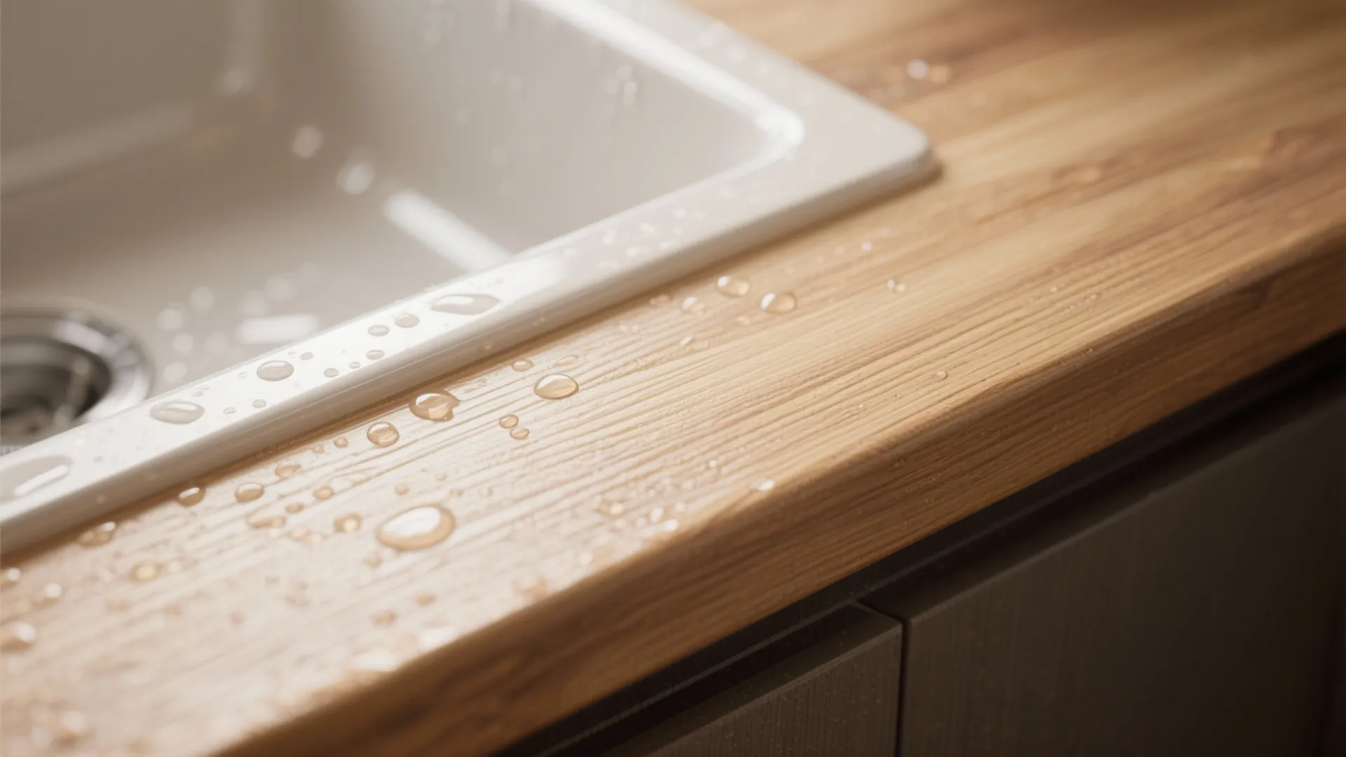 Close up view of water droplets on a light wood kitchen countertop next to sink