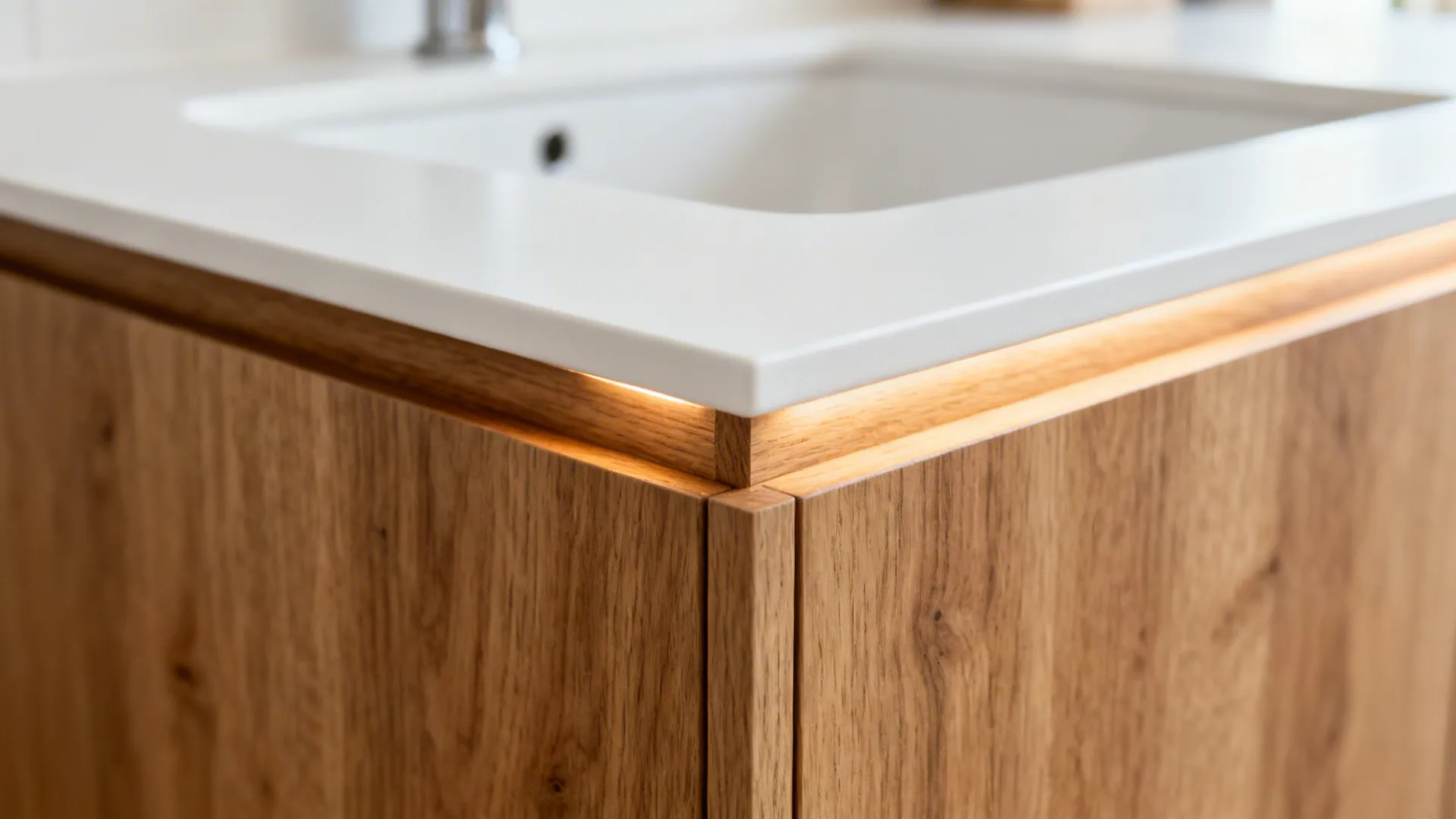 Macro detail of oak veneer meeting matte white laminate under warm LED lighting.