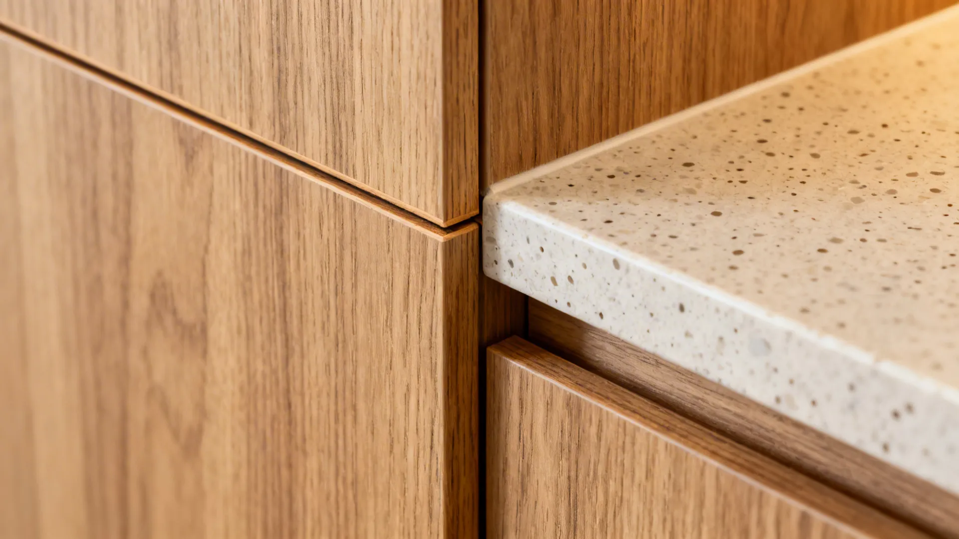 Close up of wooden cabinet doors meeting a light grey stone countertop with small spots