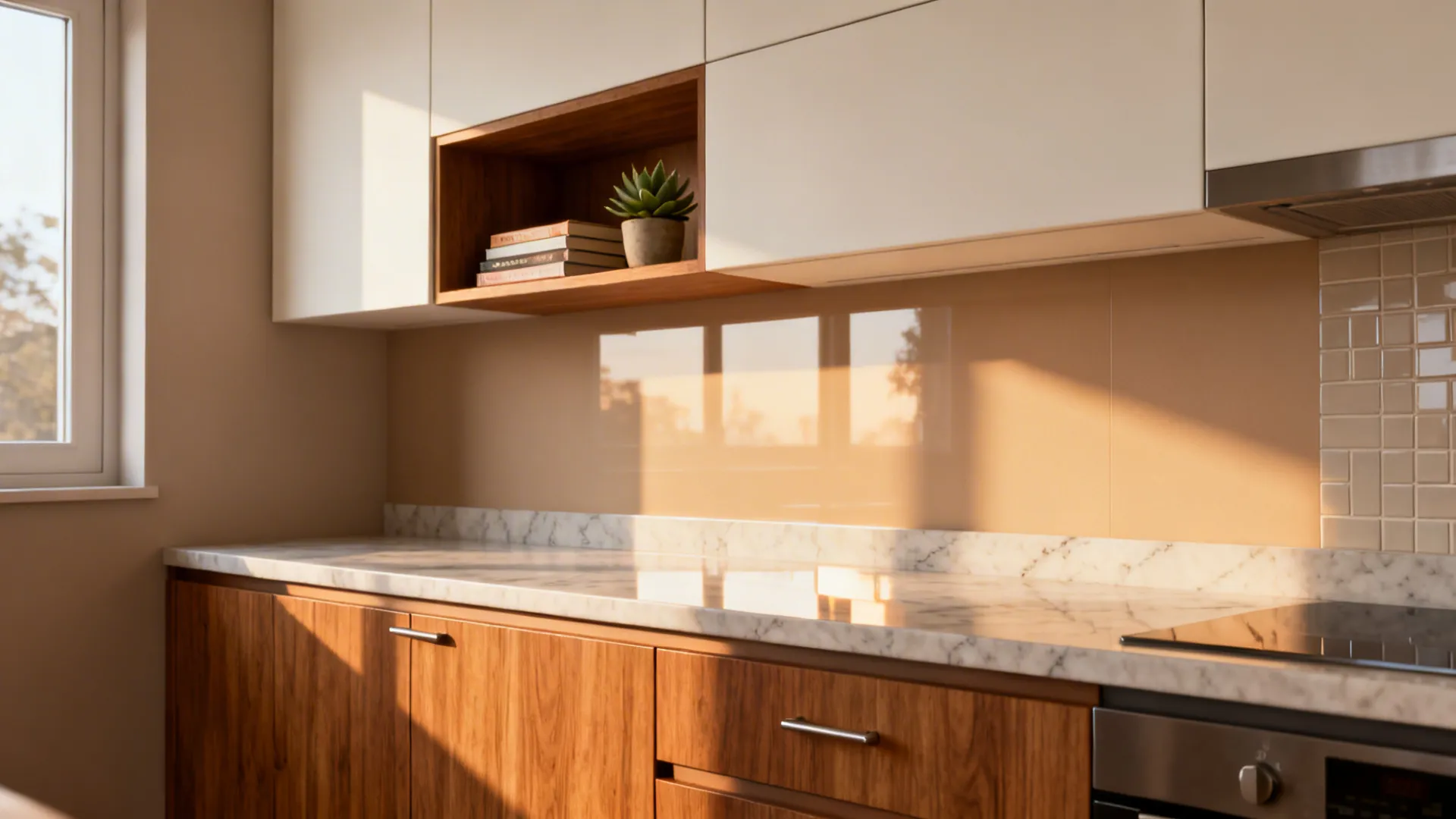 Two-tone small kitchen with warm oak-look base cabinets and matte off-white uppers, plus an open niche.
