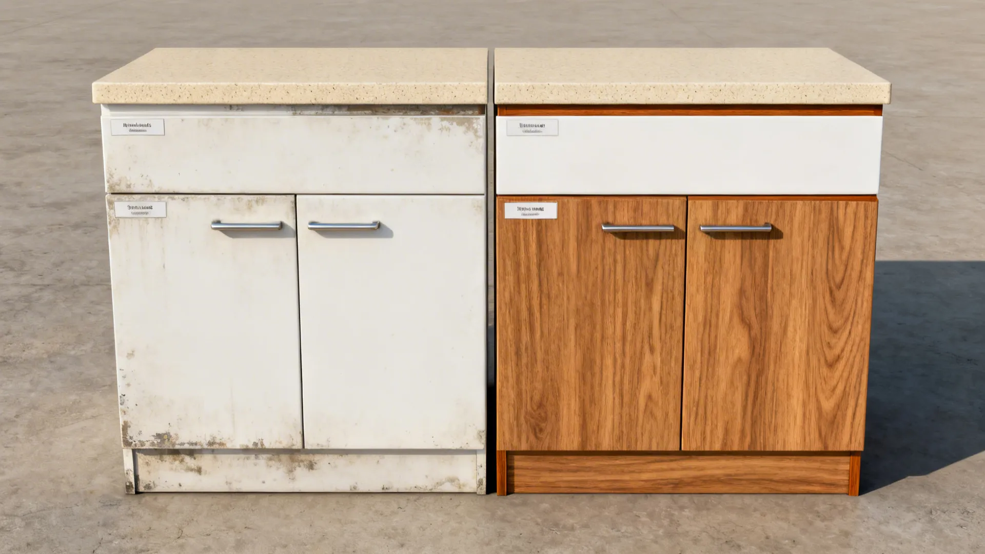 Before and after comparison of an old dirty cabinet versus a new wood finish cabinet
