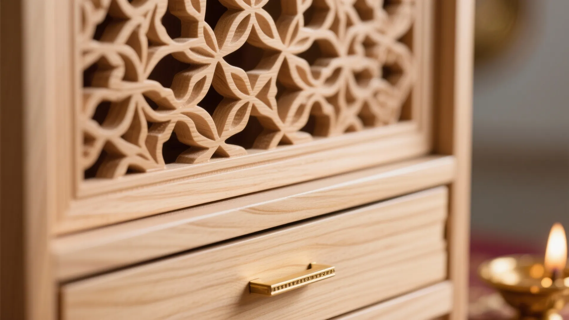 Close-up of carved wood lattice with satin finish on a compact mandir.