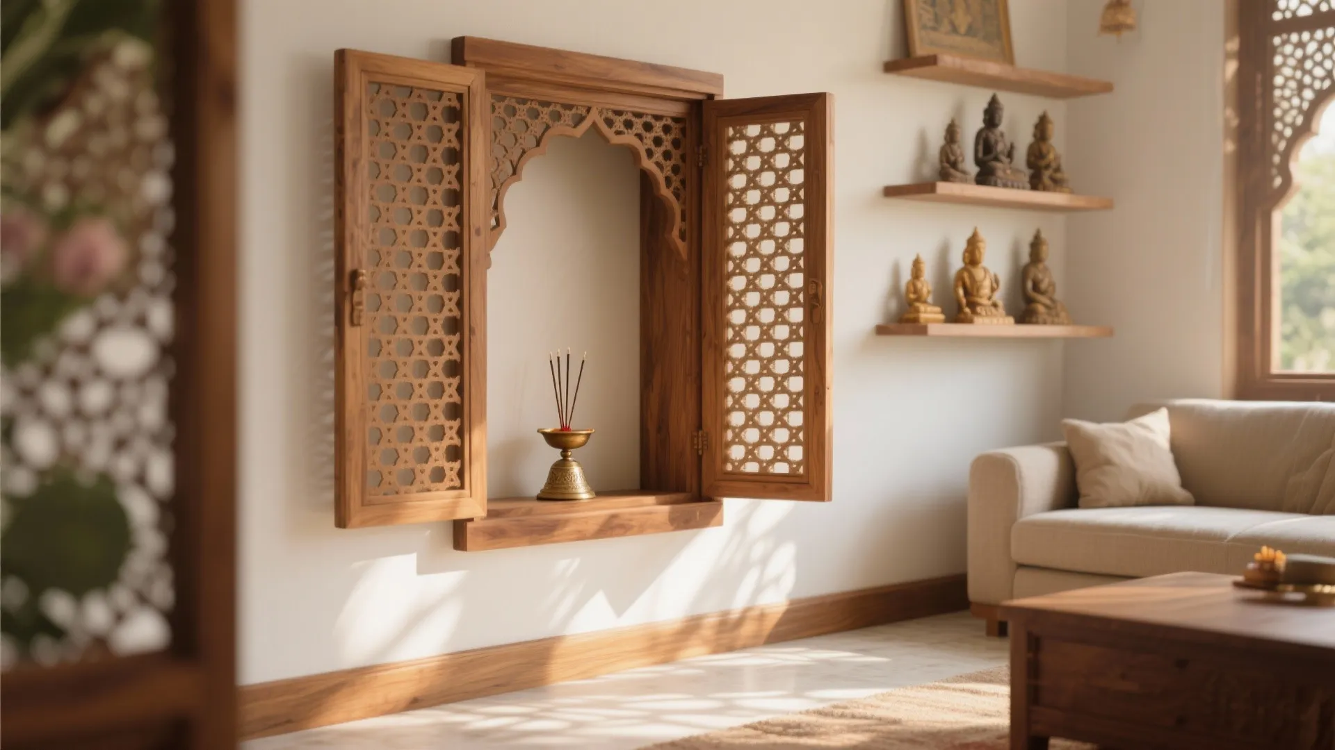 Living room with wooden wall cabinet and shelves containing small statues next to beige sofa