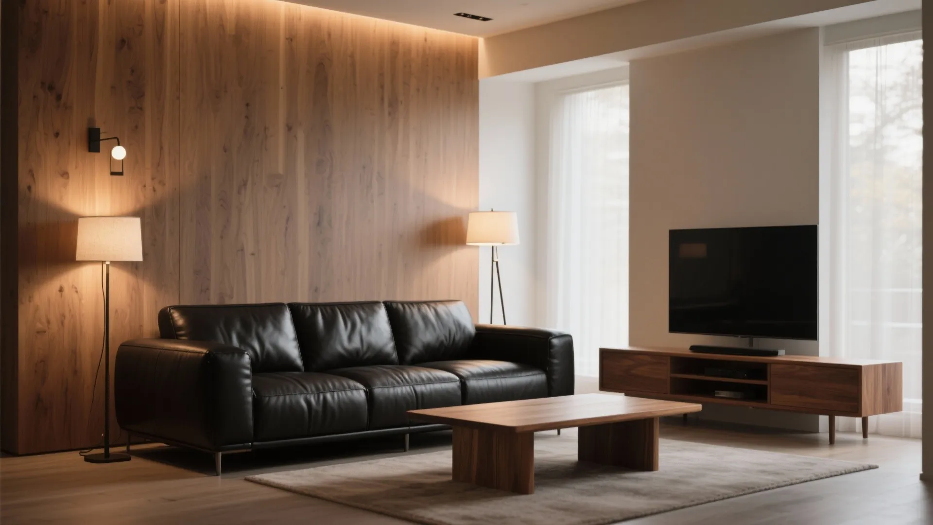 Black leather sofa paired with warm mid-tone wood furniture and layered lighting.