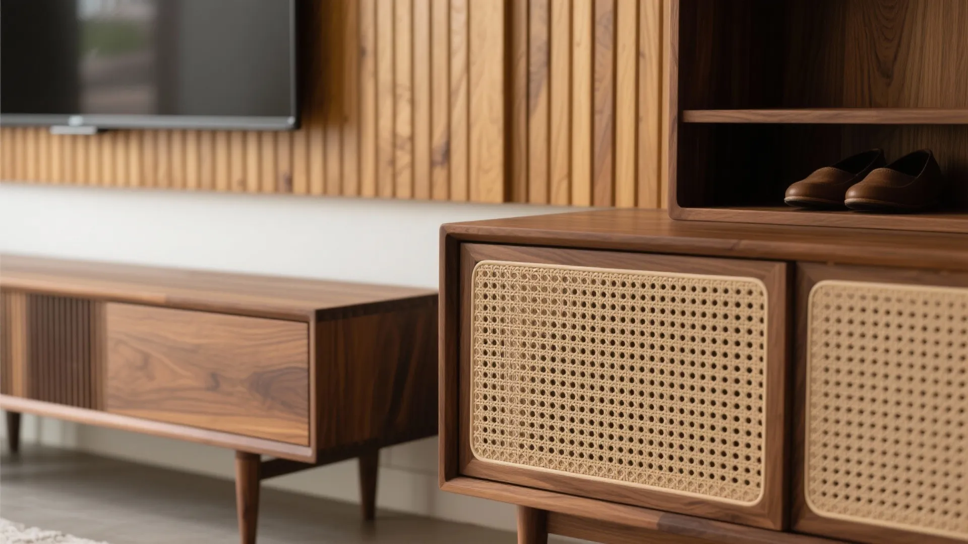 Close up of wooden storage cabinet with woven doors near wood wall panel and TV