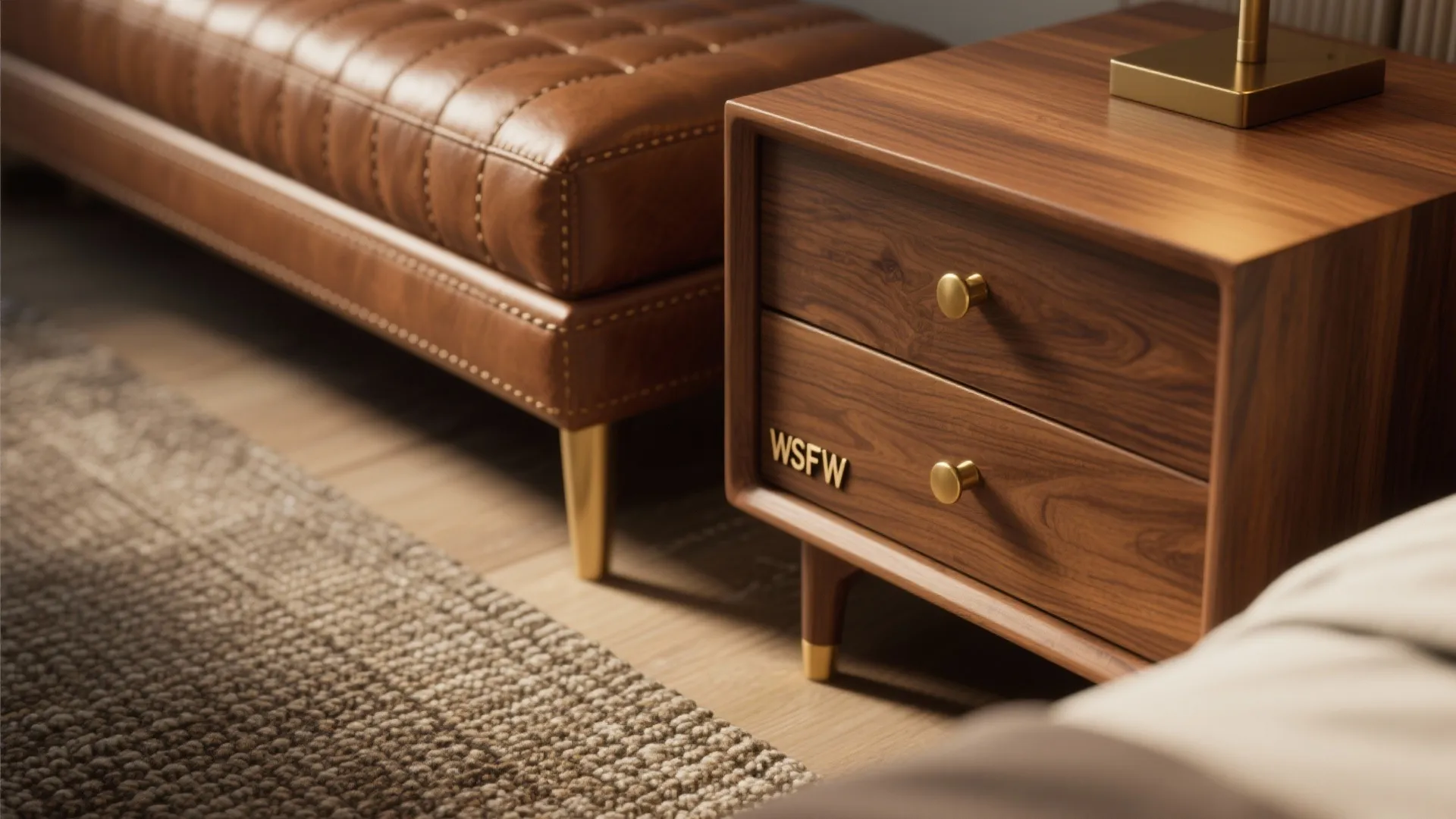 Close up of a wooden cabinet beside a brown leather sofa on a textured rug