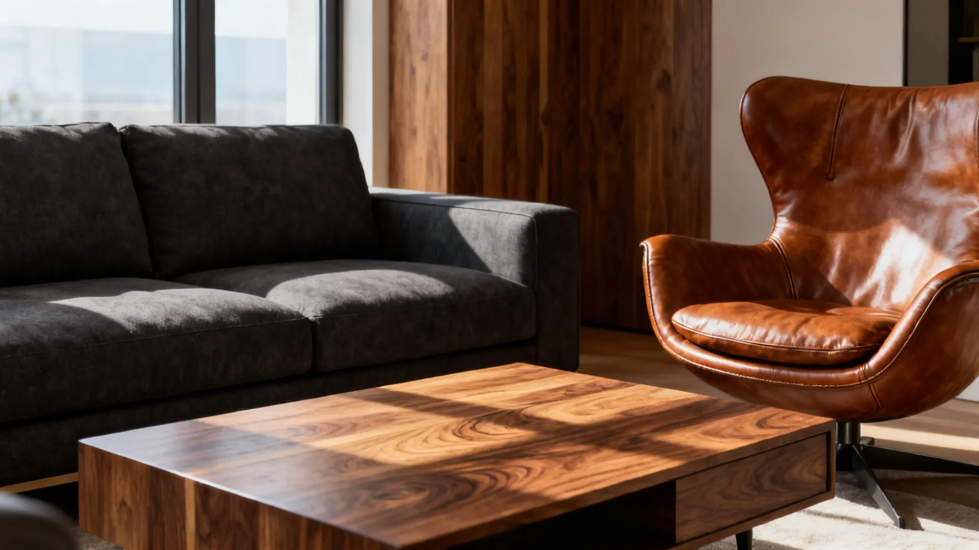 Dark grey sofa with walnut coffee table and cognac leather chair showcasing wood and leather contrast