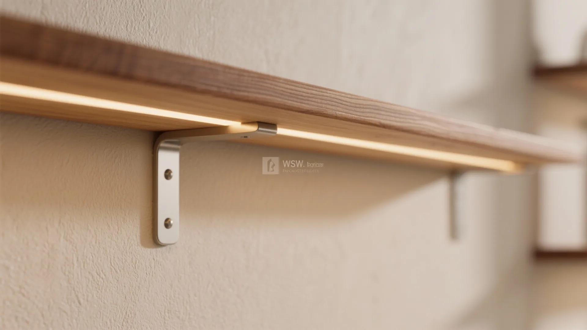 Close up view of wooden wall shelf with built in led light and metal bracket