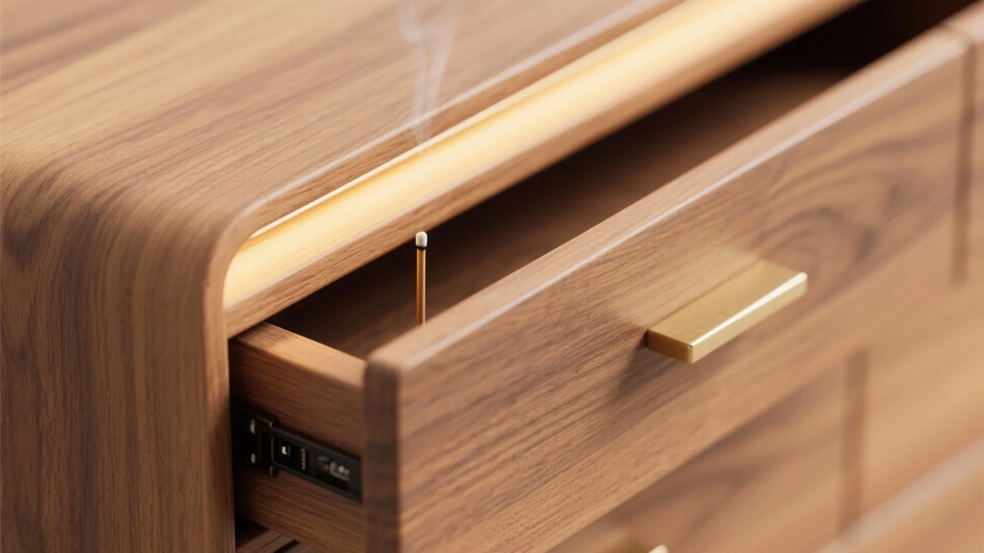 Close-up of oak veneer with soft LED glow and slim brass drawer handle.