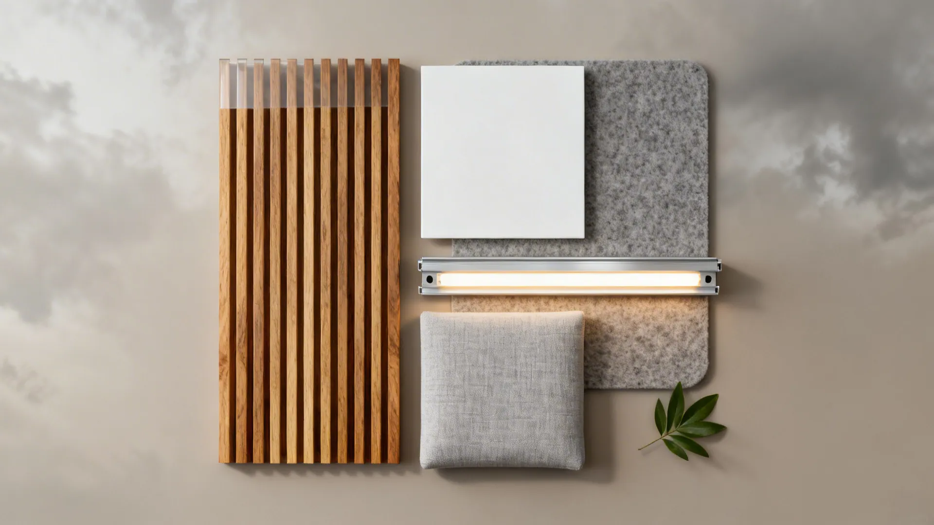 Flat lay of oak slat, matte white paint, warm LED strip, and soft fabric swatches.