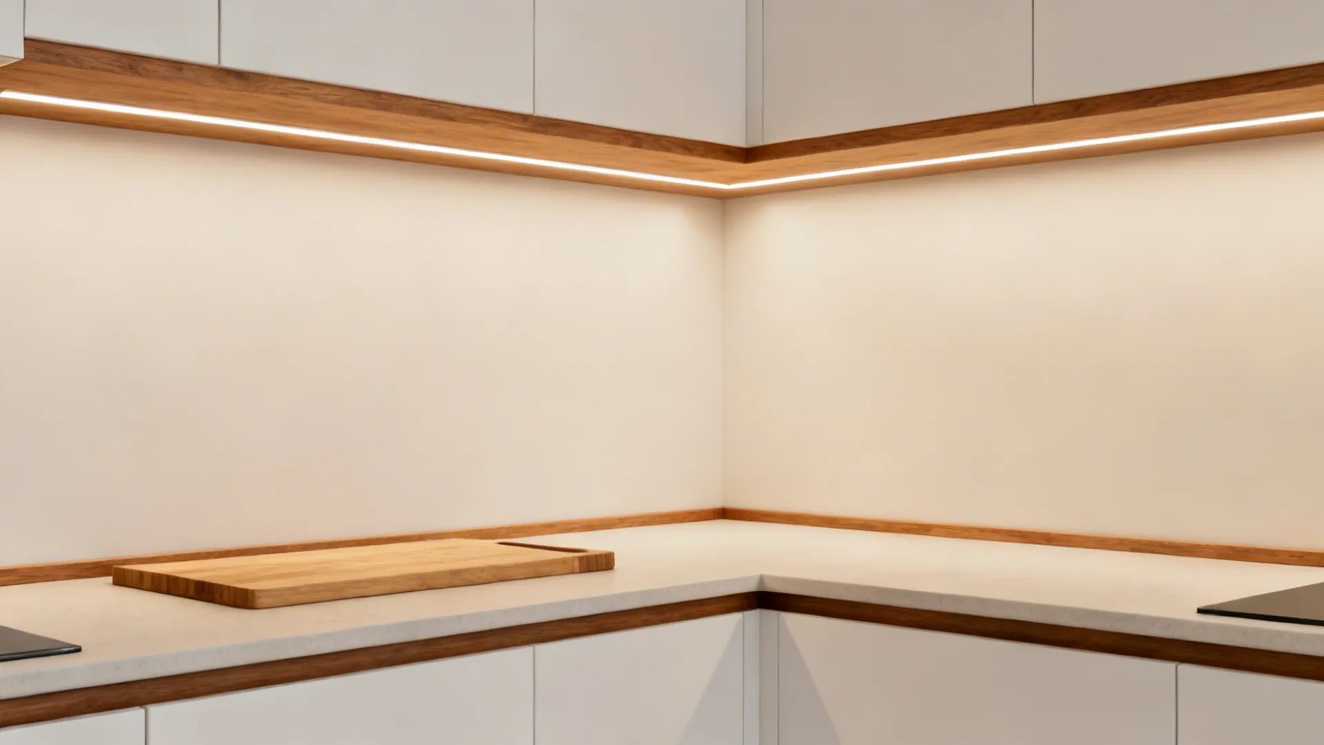 Minimalist kitchen with oak accents and warm 3000K under-cabinet LED lighting.