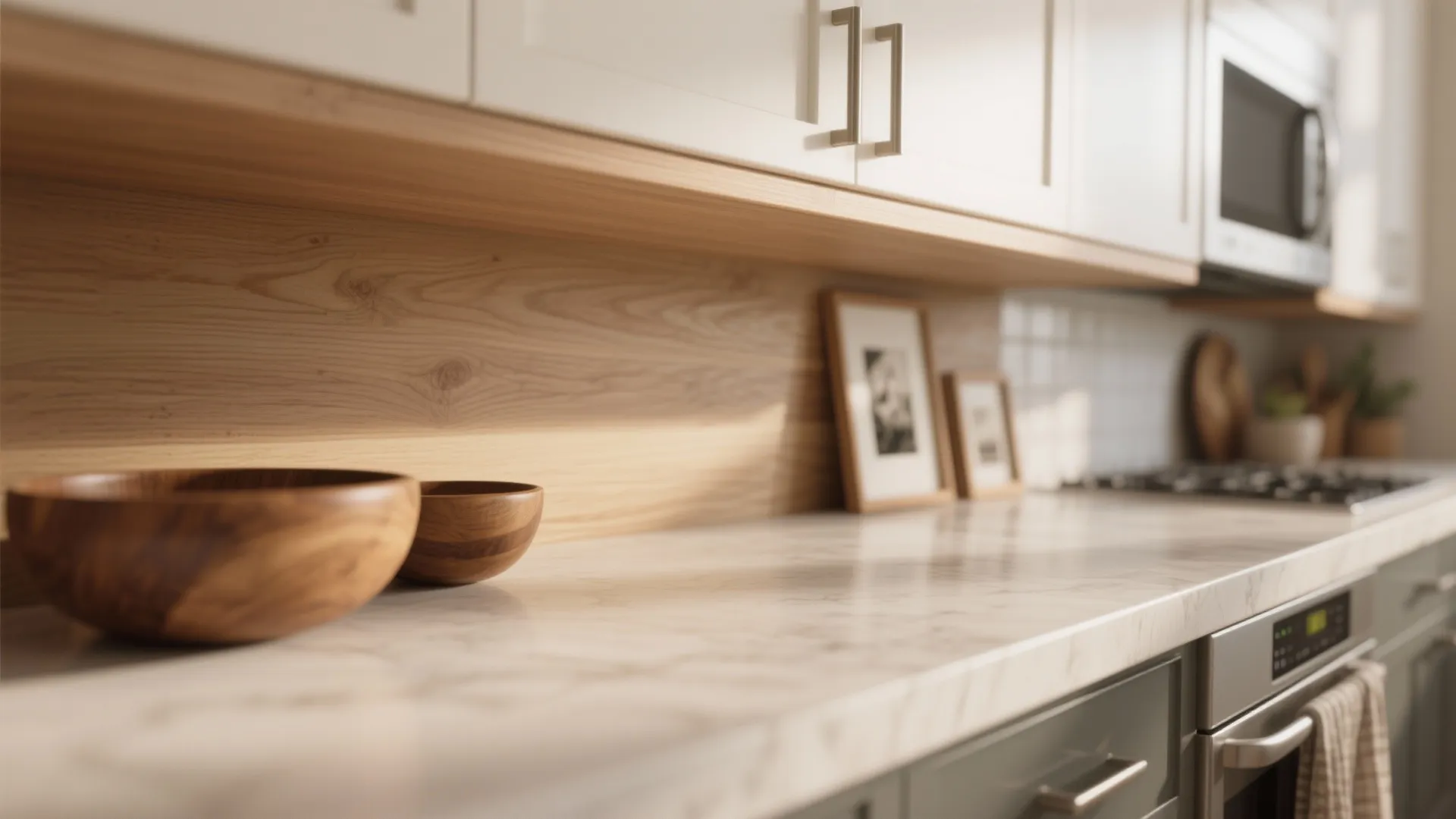 Wood elements for warmth above cabinets