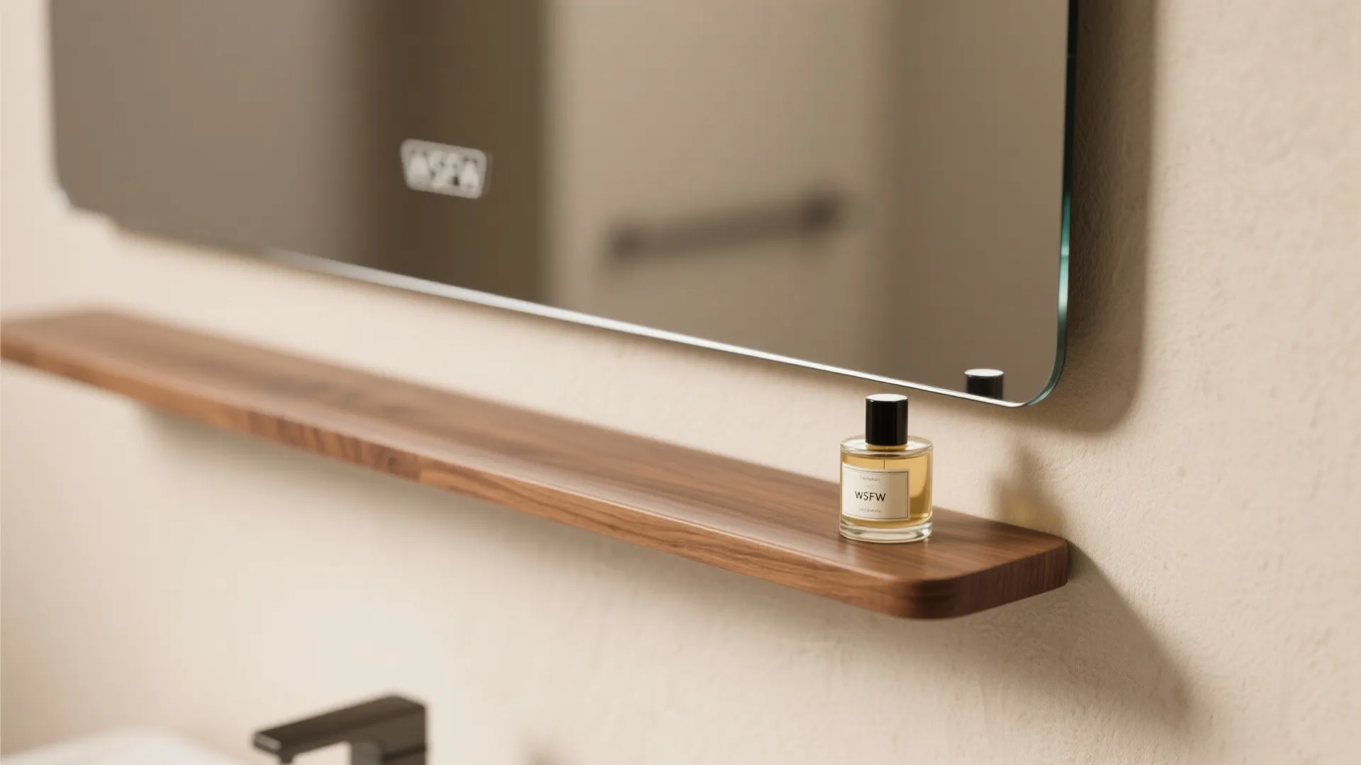 Warm Contrast: Wood-Framed Mirror With a Slim Ledge