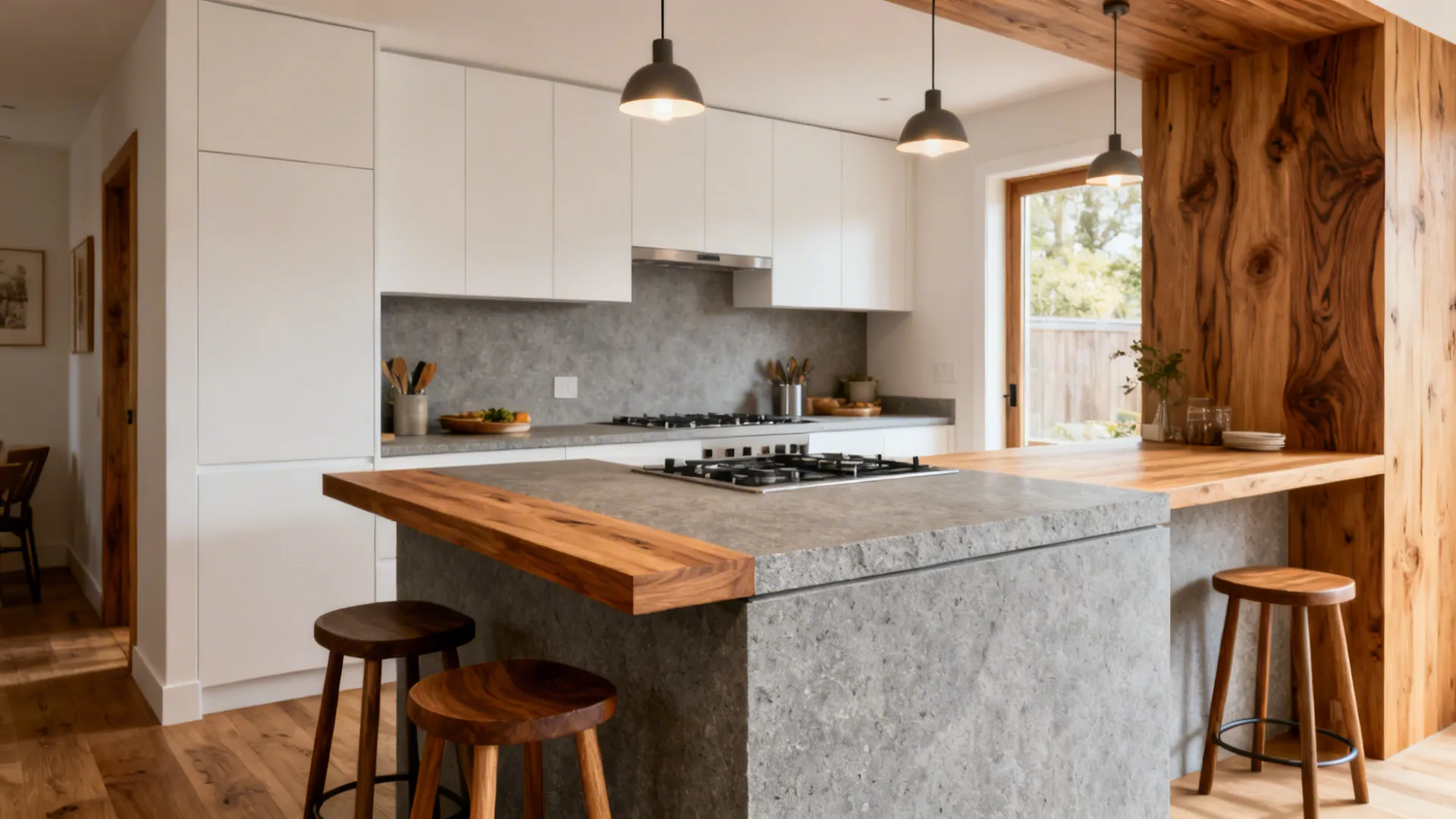 Stone prep slab with a raised oak breakfast ledge and stools in a compact kitchen.