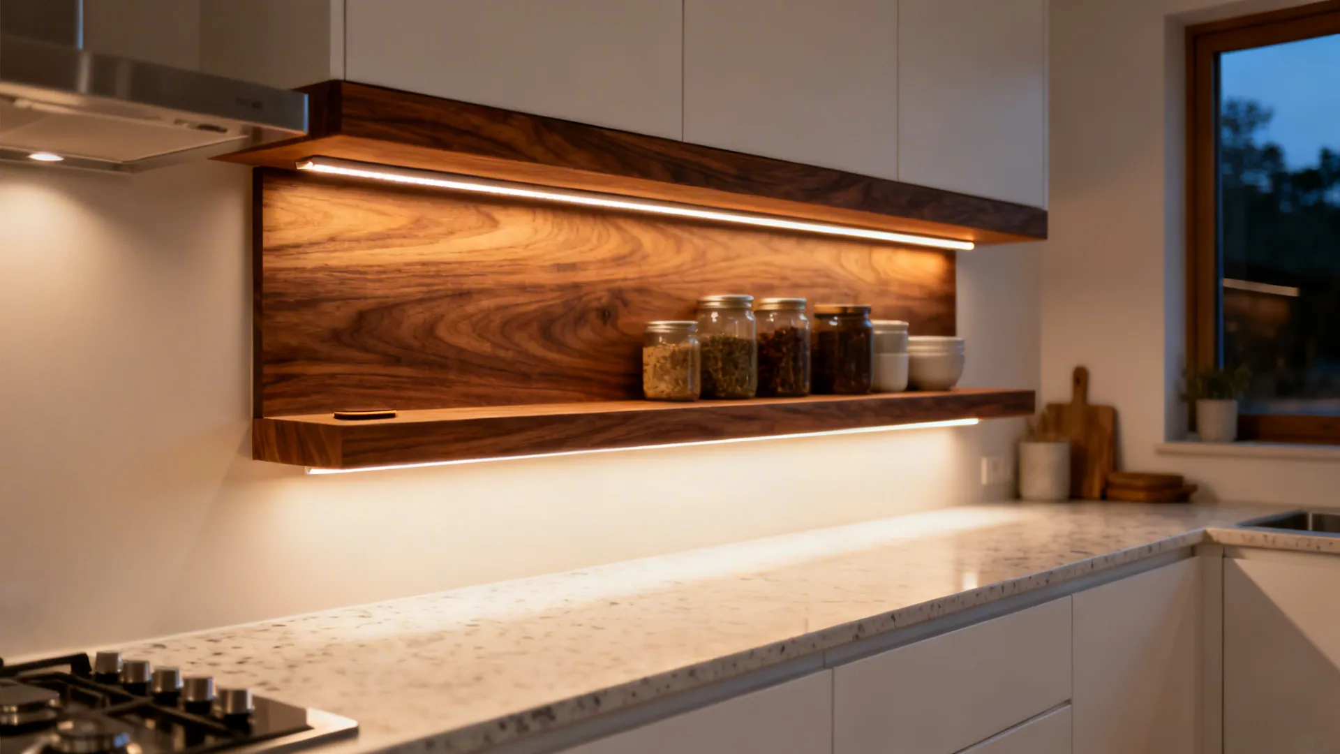 Warm wood ledges with integrated lighting