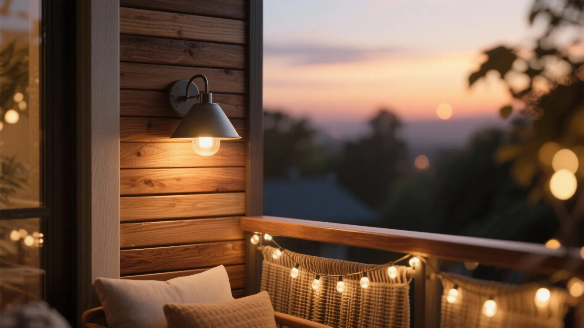 Warm wood accents and layered lighting for a cozy threshold