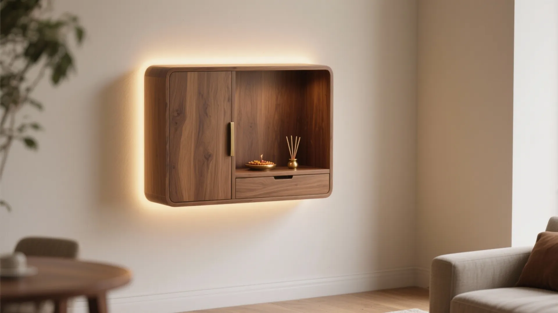 Minimal wood-and-light pooja cabinet